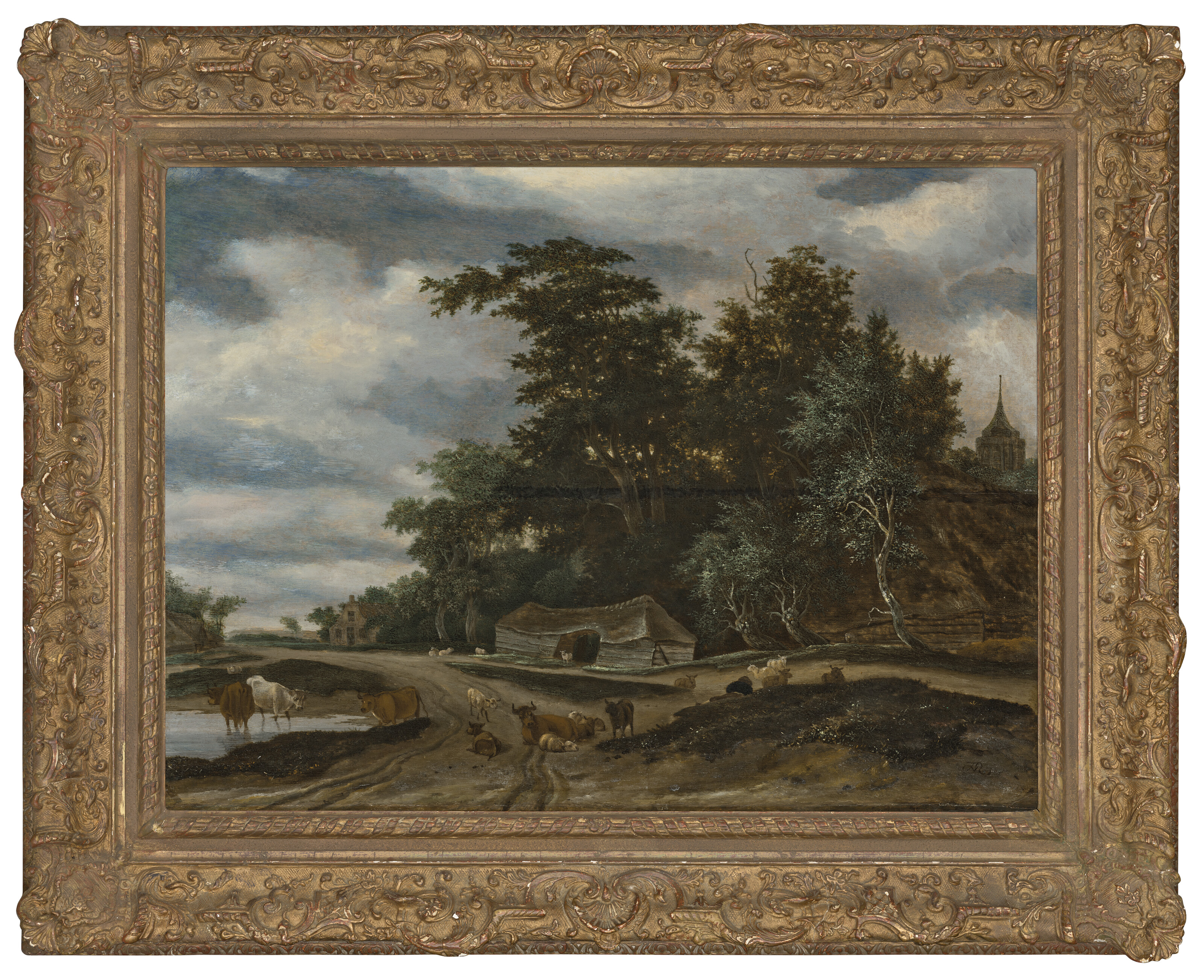 Jacob Van Ruisdael — Лесистый речной пейзаж со стадом коров, купающихся и пасущихся рядом с флигелем, домом и церковью за ним., изображение 3