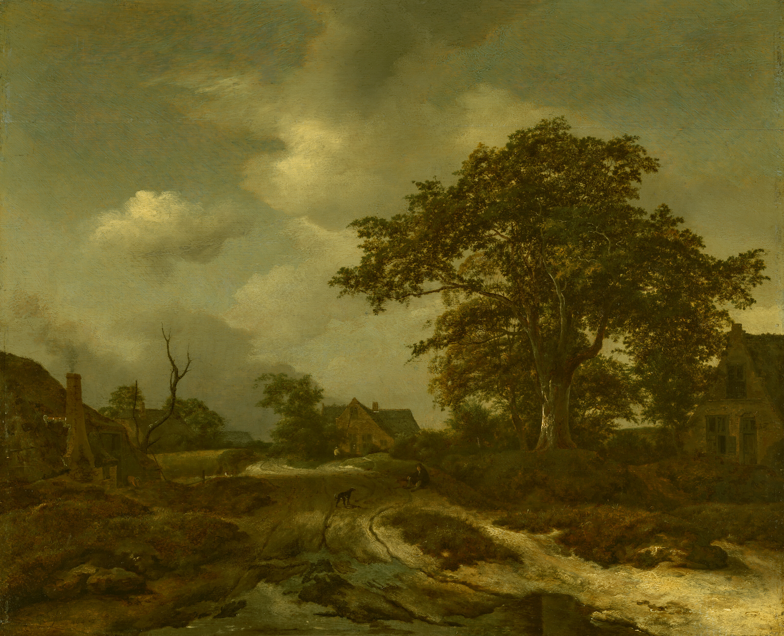Jacob Van Ruisdael — Лесистый пейзаж с коттеджами, деревенскими жителями и собакой за ними