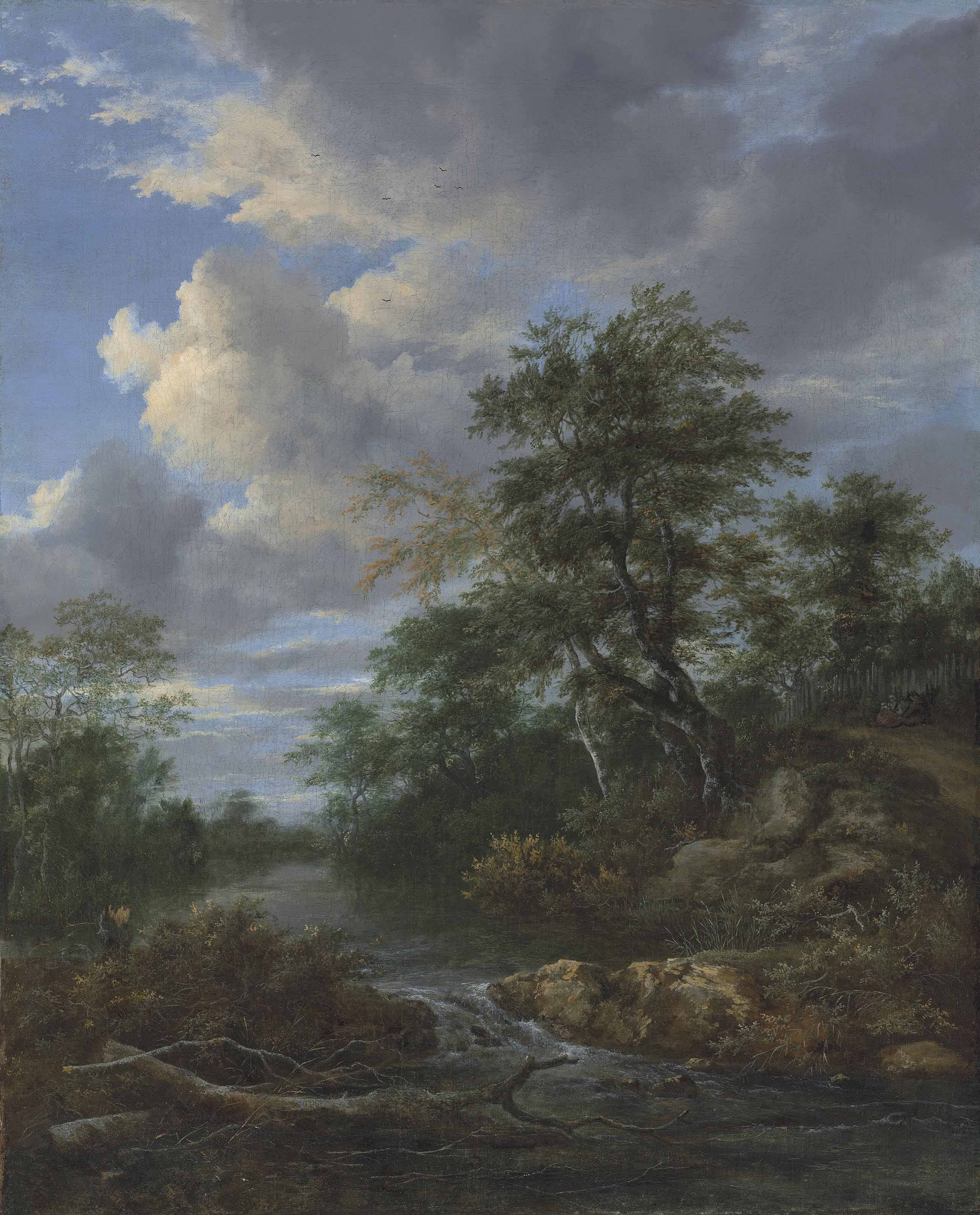 Jacob Van Ruisdael — Лесистый речной пейзаж с семьей, отдыхающей на лыжне