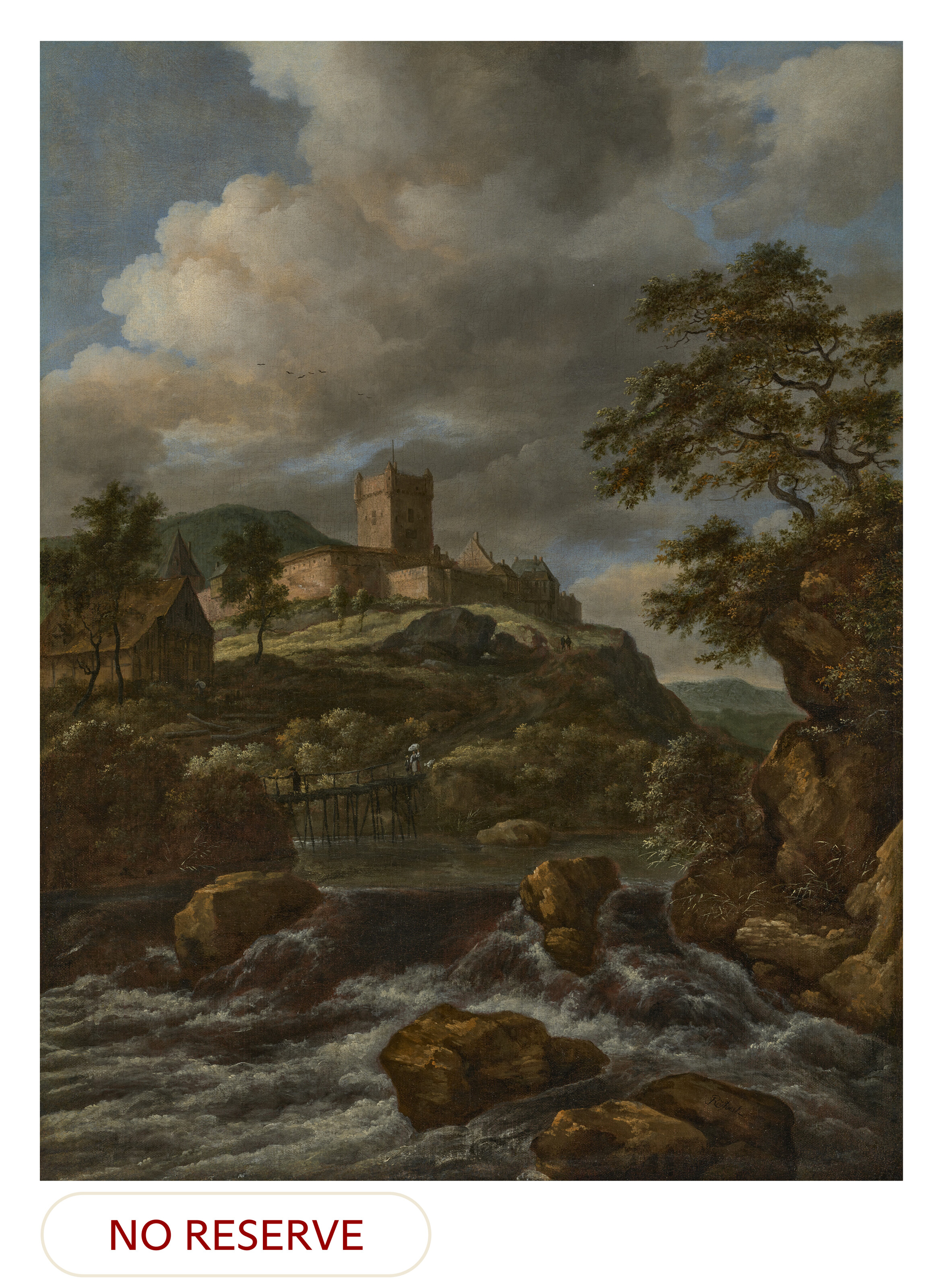Jacob Van Ruisdael — Водопад с путешественниками на пешеходном мосту и замок за ним