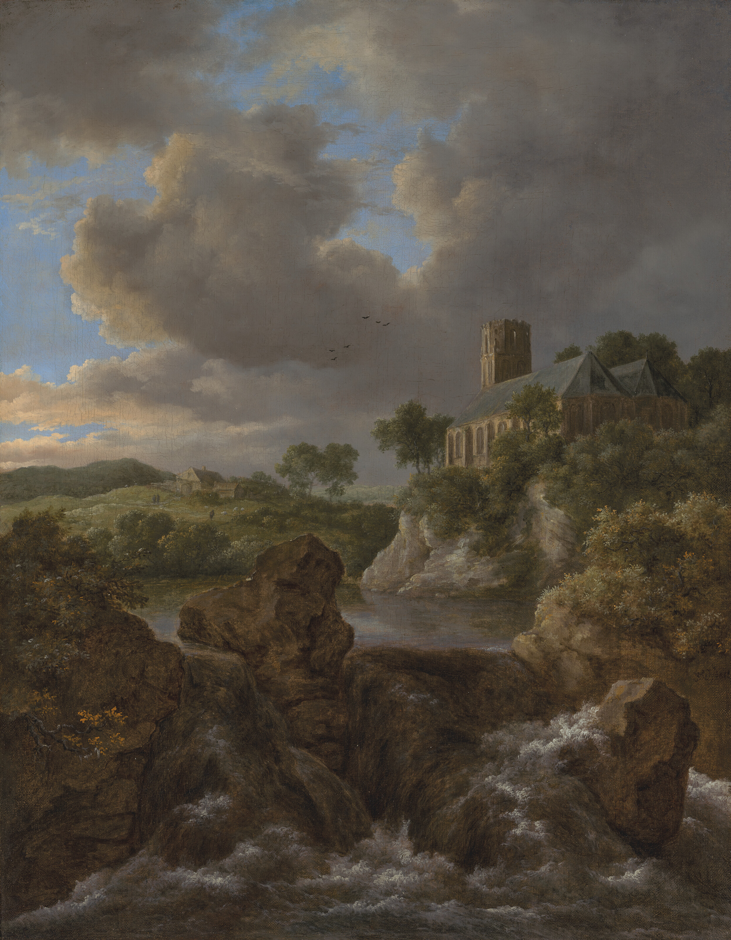 Jacob Van Ruisdael — Лесистый речной пейзаж с водопадом, церковью и фермой за ним