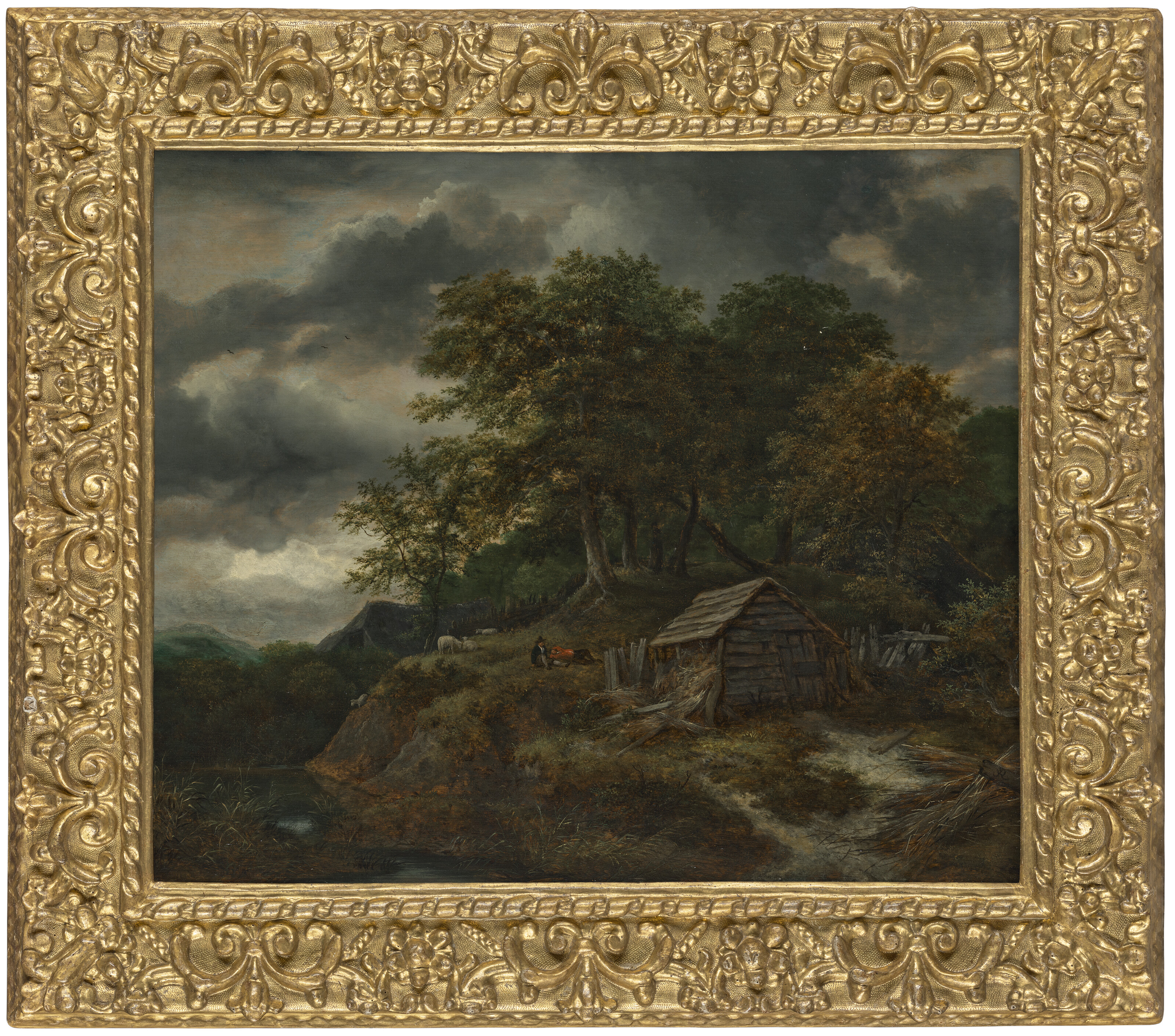Jacob Van Ruisdael — Лесистый речной пейзаж с пастухами, лежащими рядом с деревянной хижиной