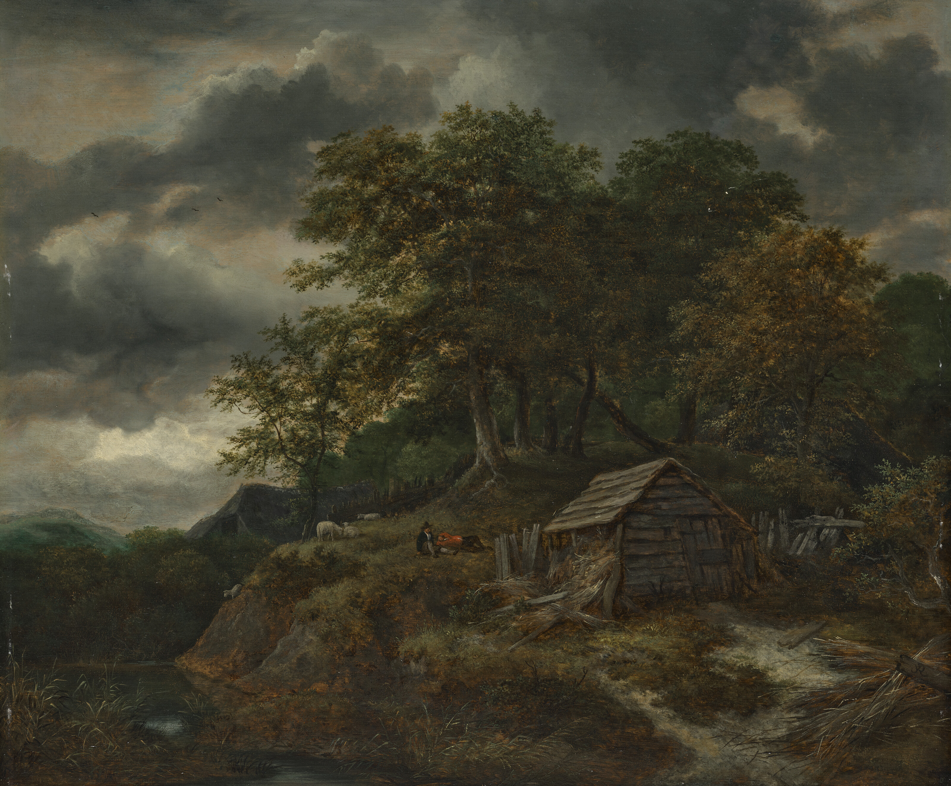 Jacob Van Ruisdael — Лесистый речной пейзаж с пастухами, лежащими рядом с деревянной хижиной, изображение 2