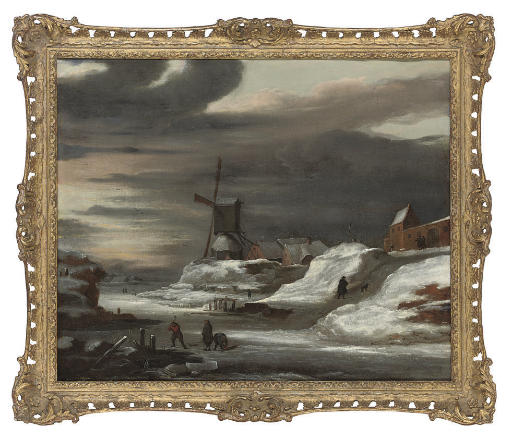 Jacob Van Ruisdael — Замерзший речной пейзаж с фигурками, отдыхающими у дорожки, ветряная мельница за ней.