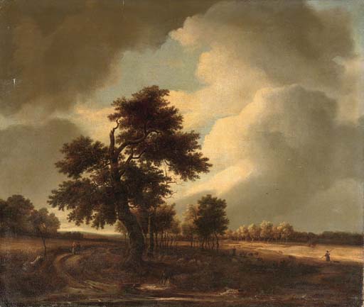 Jacob Van Ruisdael — Лесистый пейзаж с путешественниками на тропинке и пастухом со своим стадом