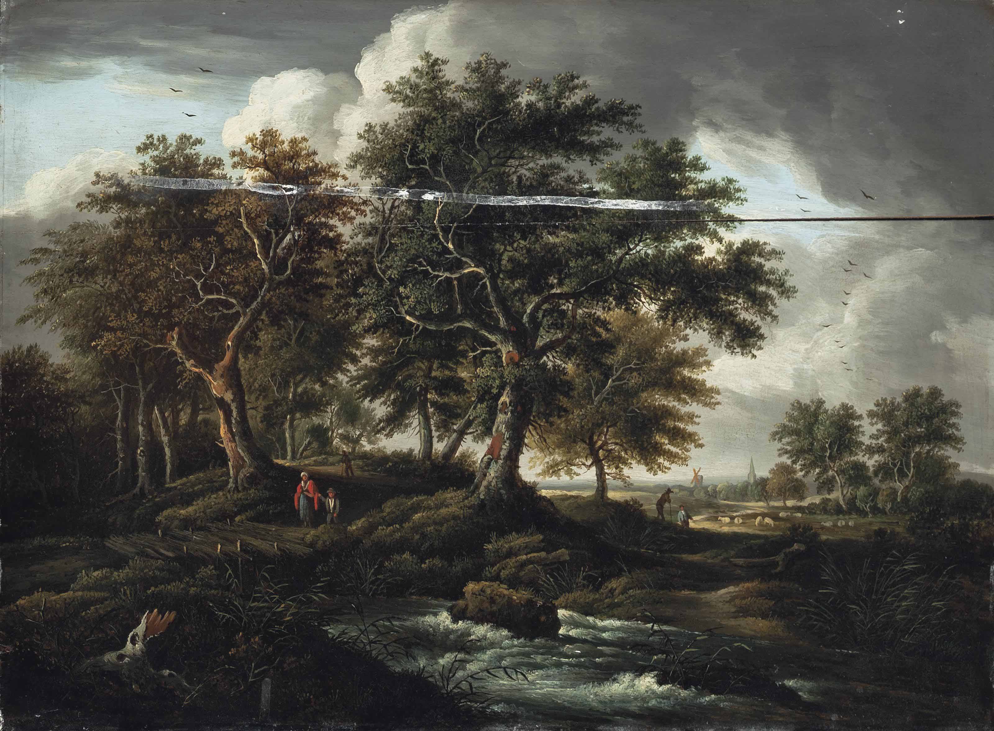 Jacob Van Ruisdael — Лесистый речной пейзаж с фигурами, переходящими мост на переднем плане, пастух со своим стадом и деревней с церковью и ветряной мельницей за ней.