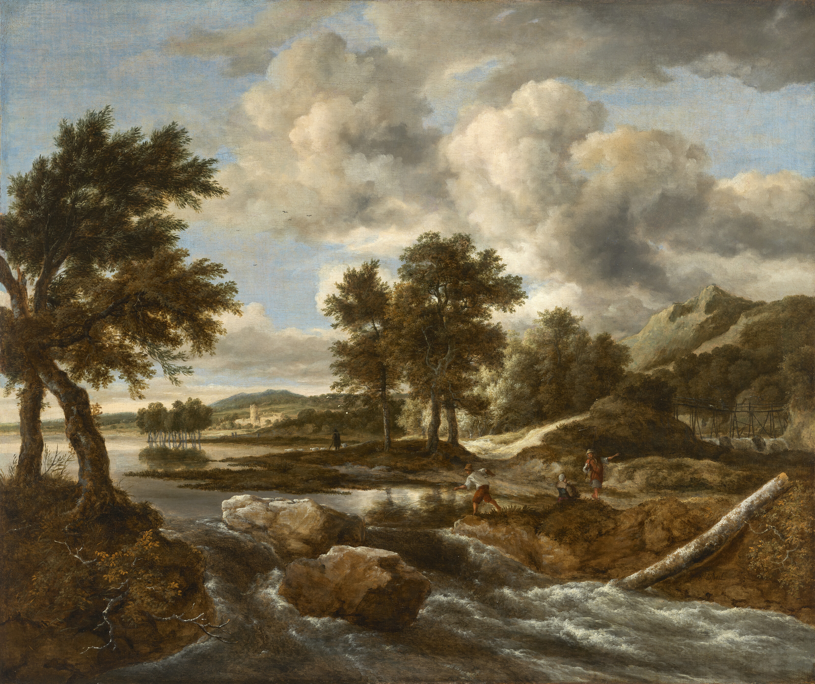 Jacob Van Ruisdael — Речной пейзаж с фигурами на берегах потока, пастух за ним.