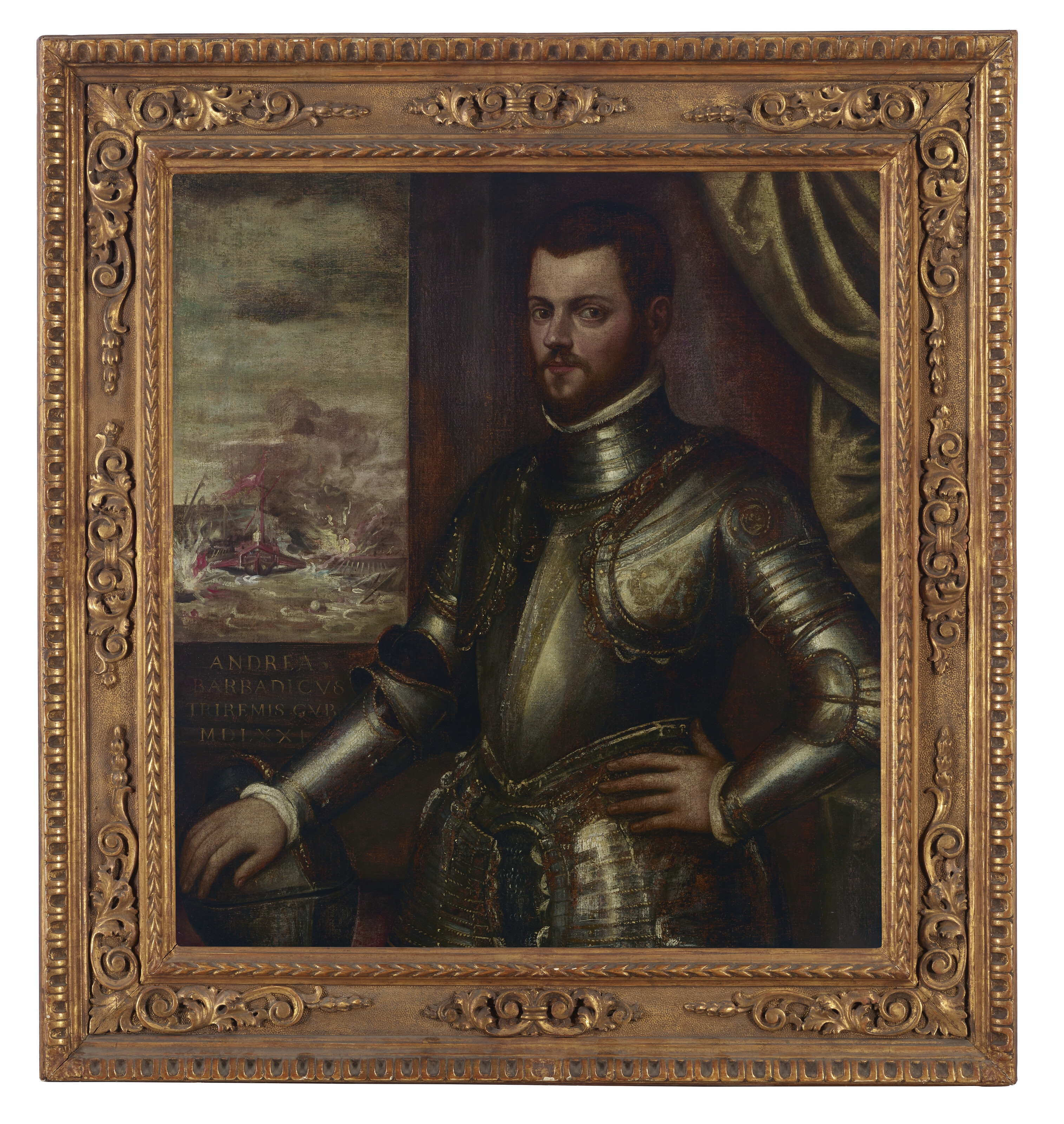 Jacopo Tintoretto — Портрет Андреа Барбариго в полный рост, в доспехах, на фоне морского сражения, изображение 2