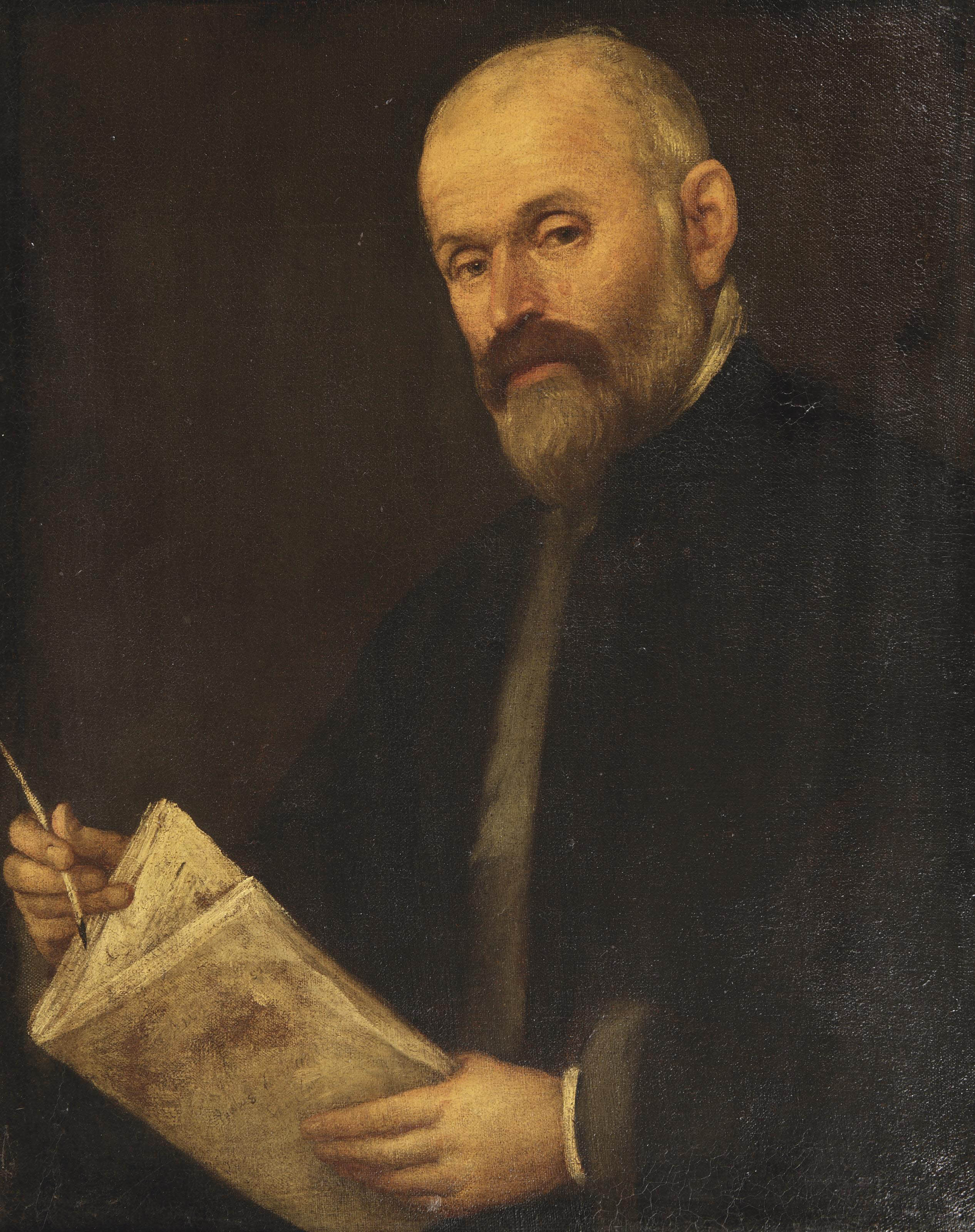 Jacopo Tintoretto — Портрет джентльмена в полный рост, в темном пальто на меховой подкладке, с книгой и ручкой в руках