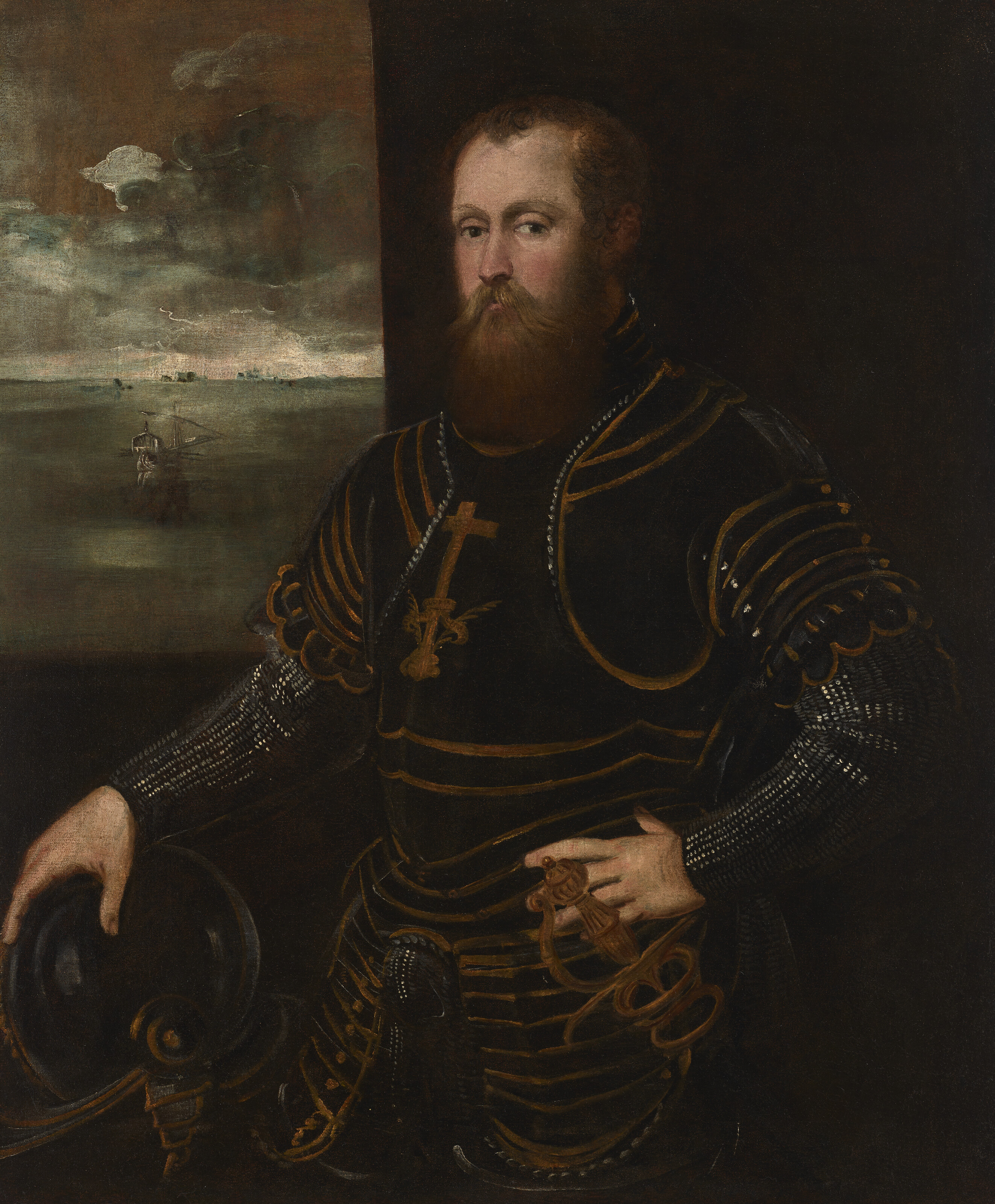 Jacopo Tintoretto — Портрет мужчины в три четверти роста, в доспехах, на фоне морского пейзажа