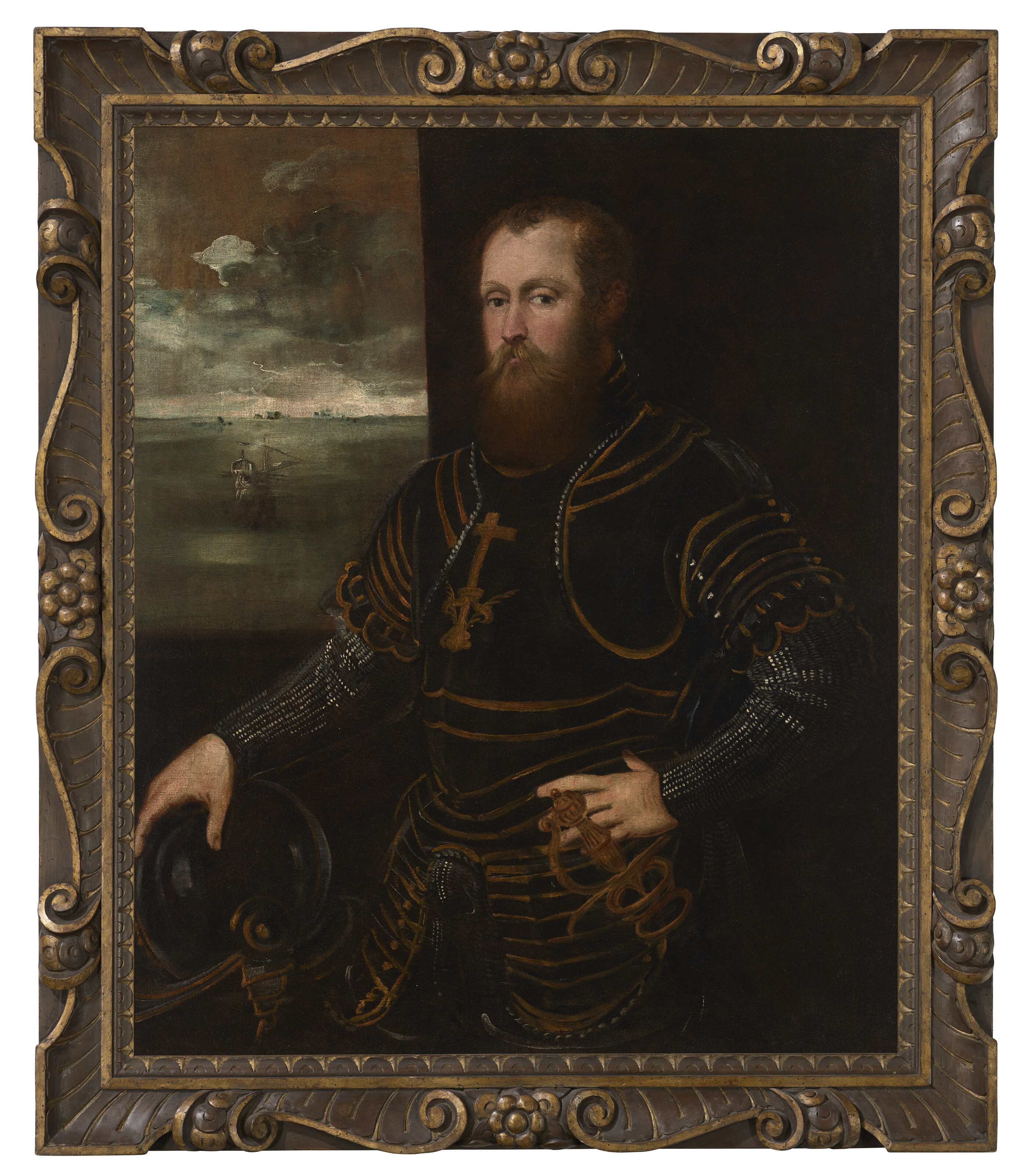 Jacopo Tintoretto — Портрет мужчины в три четверти роста, в доспехах, на фоне морского пейзажа, изображение 2