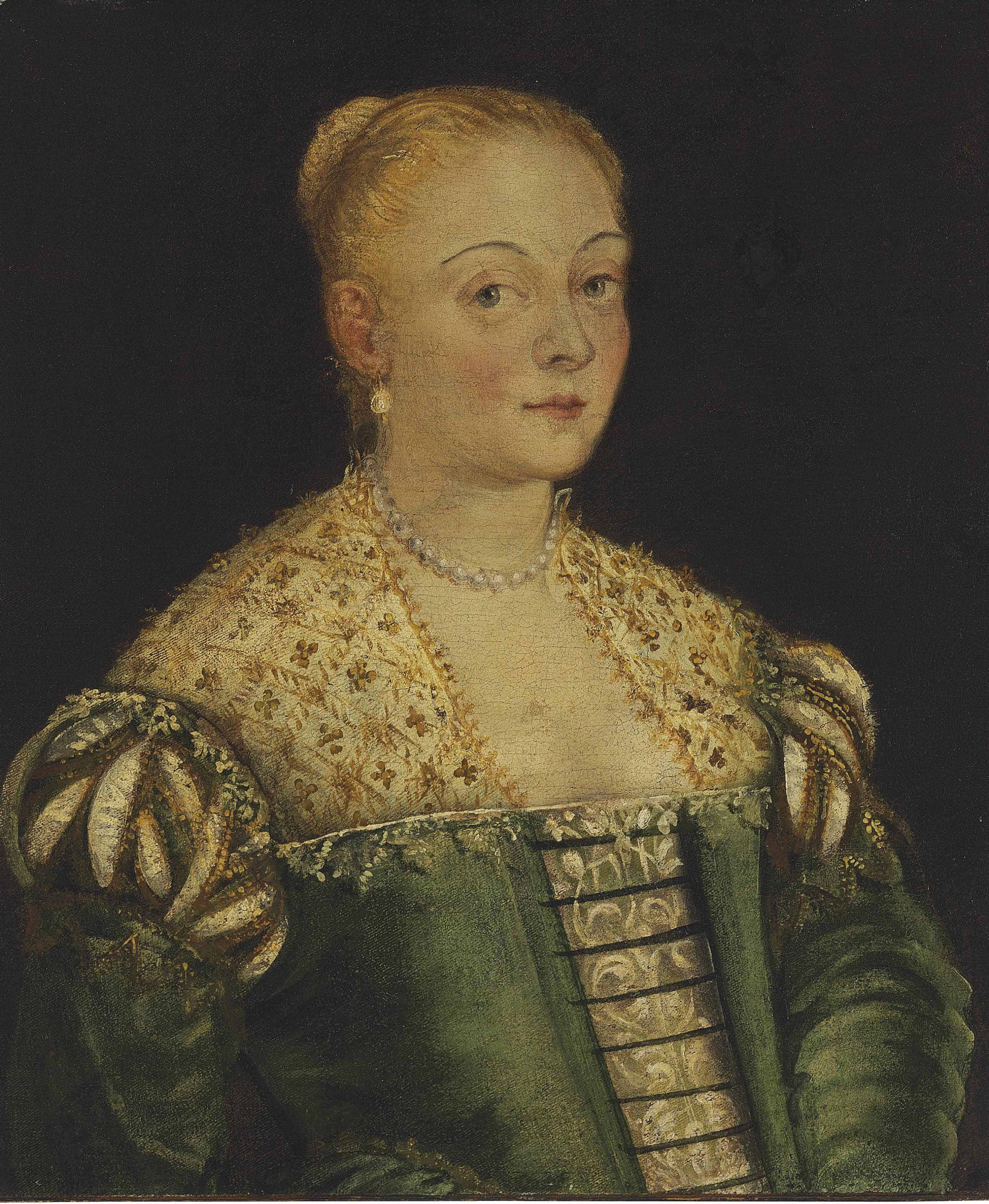 Jacopo Tintoretto — Портрет молодой леди в полный рост, в зеленом платье