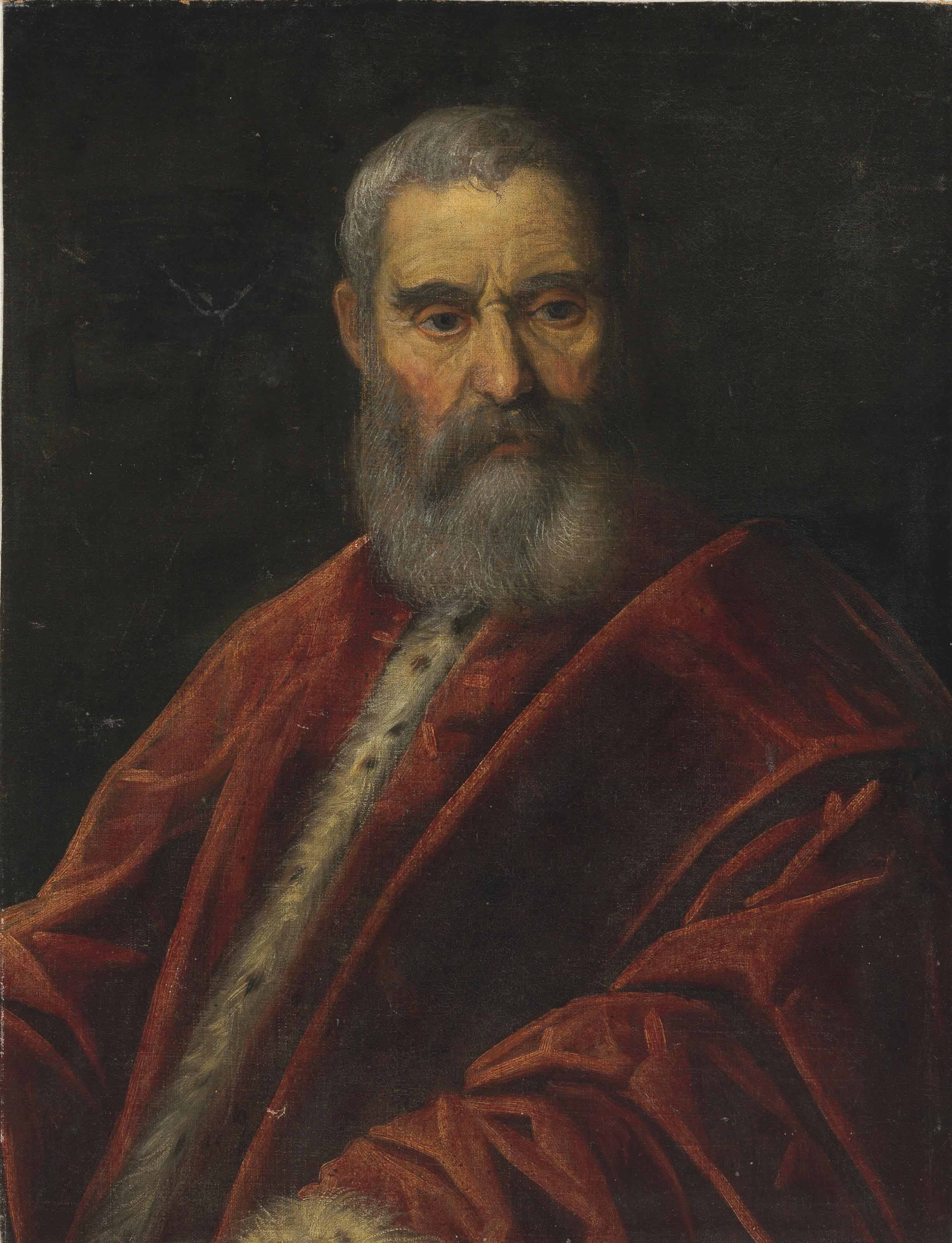 Jacopo Tintoretto — Портрет венецианского сенатора в полный рост, в красной мантии, подбитой горностаем