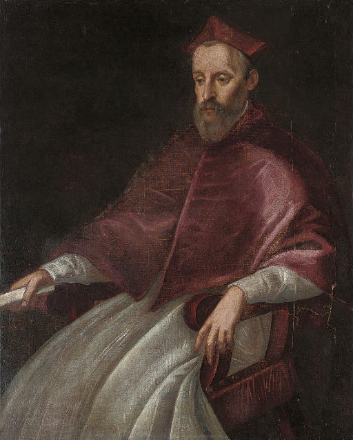 Jacopo Tintoretto — Портрет кардинала в три четверти роста, сидящего со свитком в правой руке