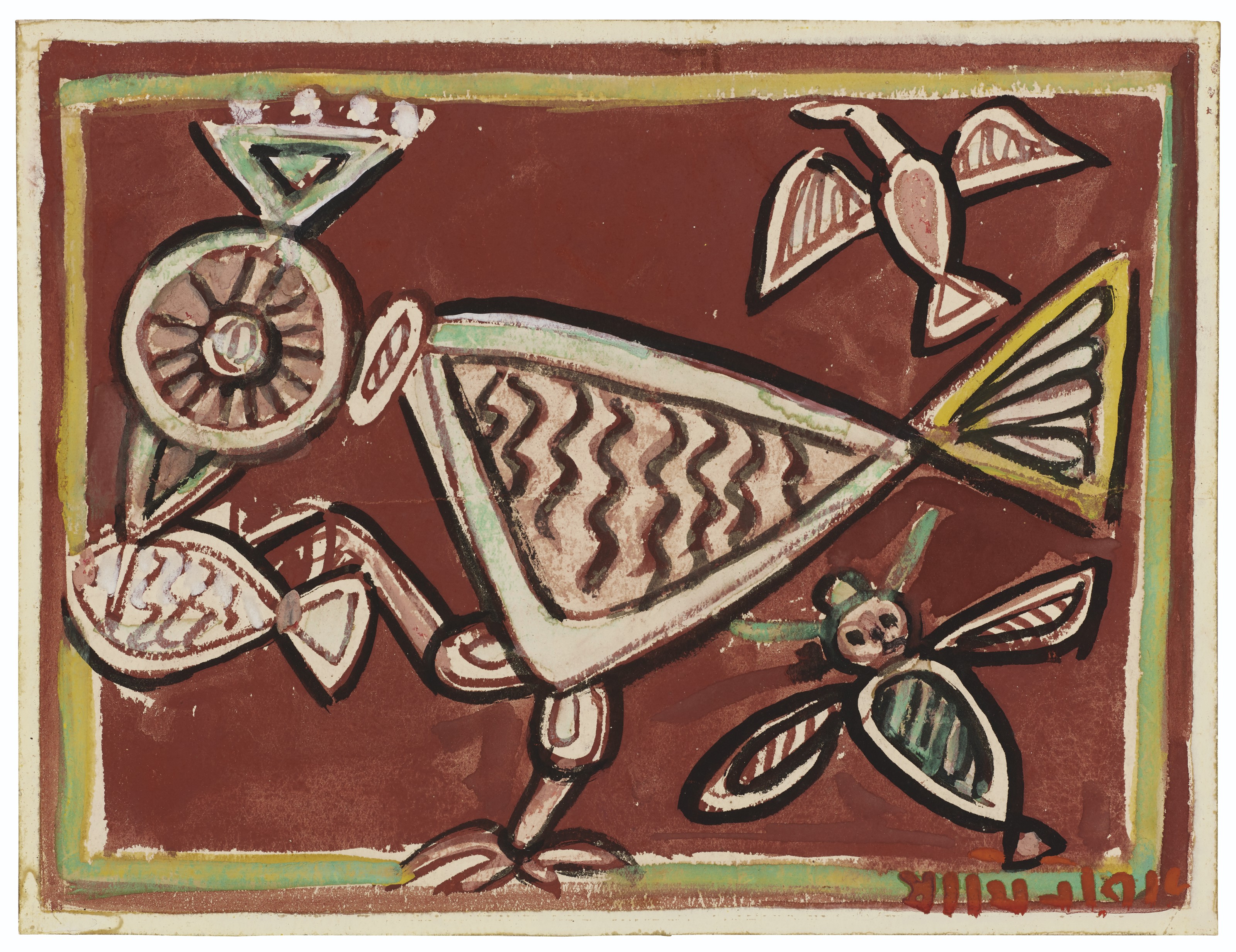 Jamini Roy — Без названия (Птица с рыбой и насекомым)