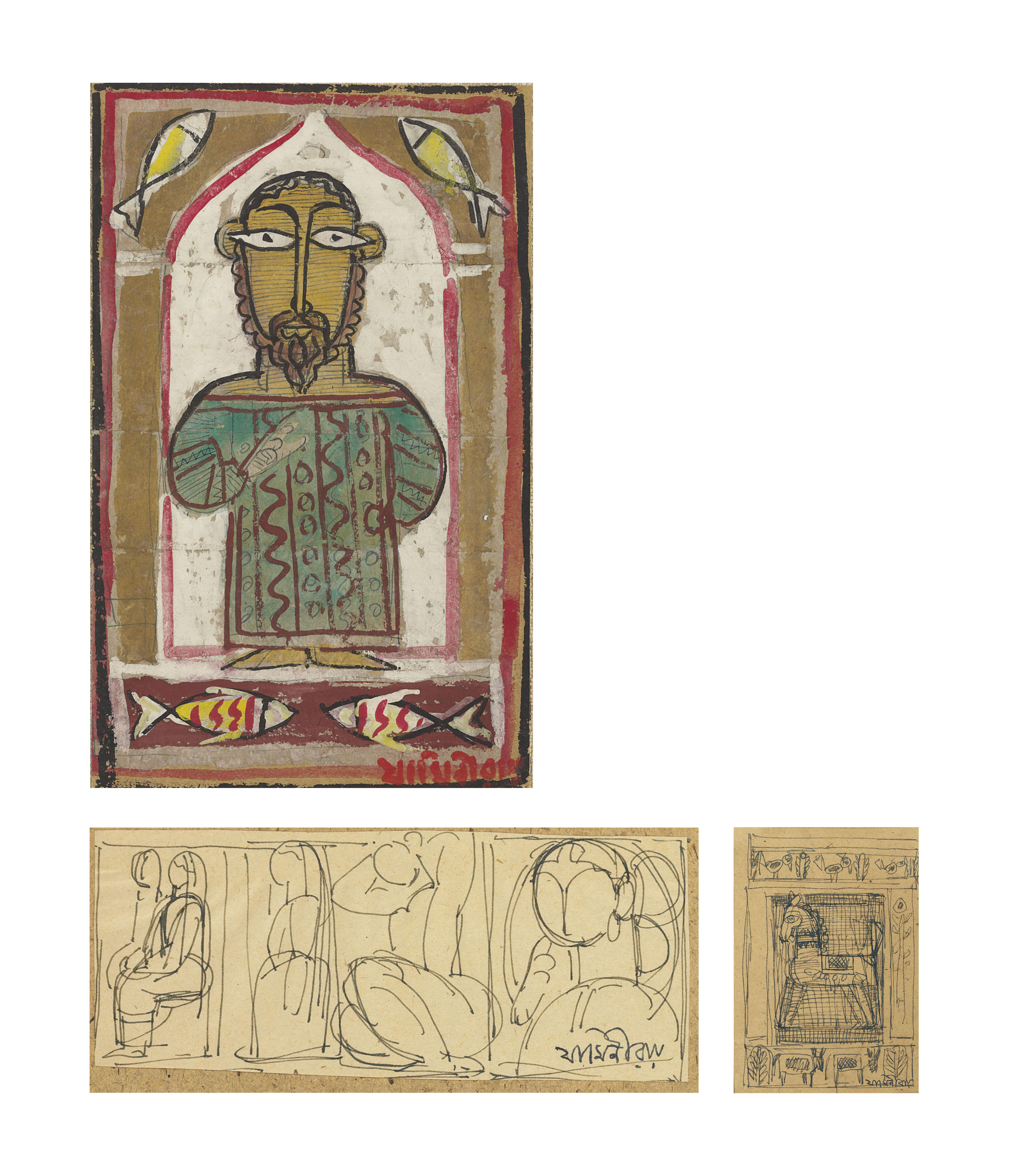 Jamini Roy — Без названия (Христос); Без названия (Женщины); Без названия (Лошадь)