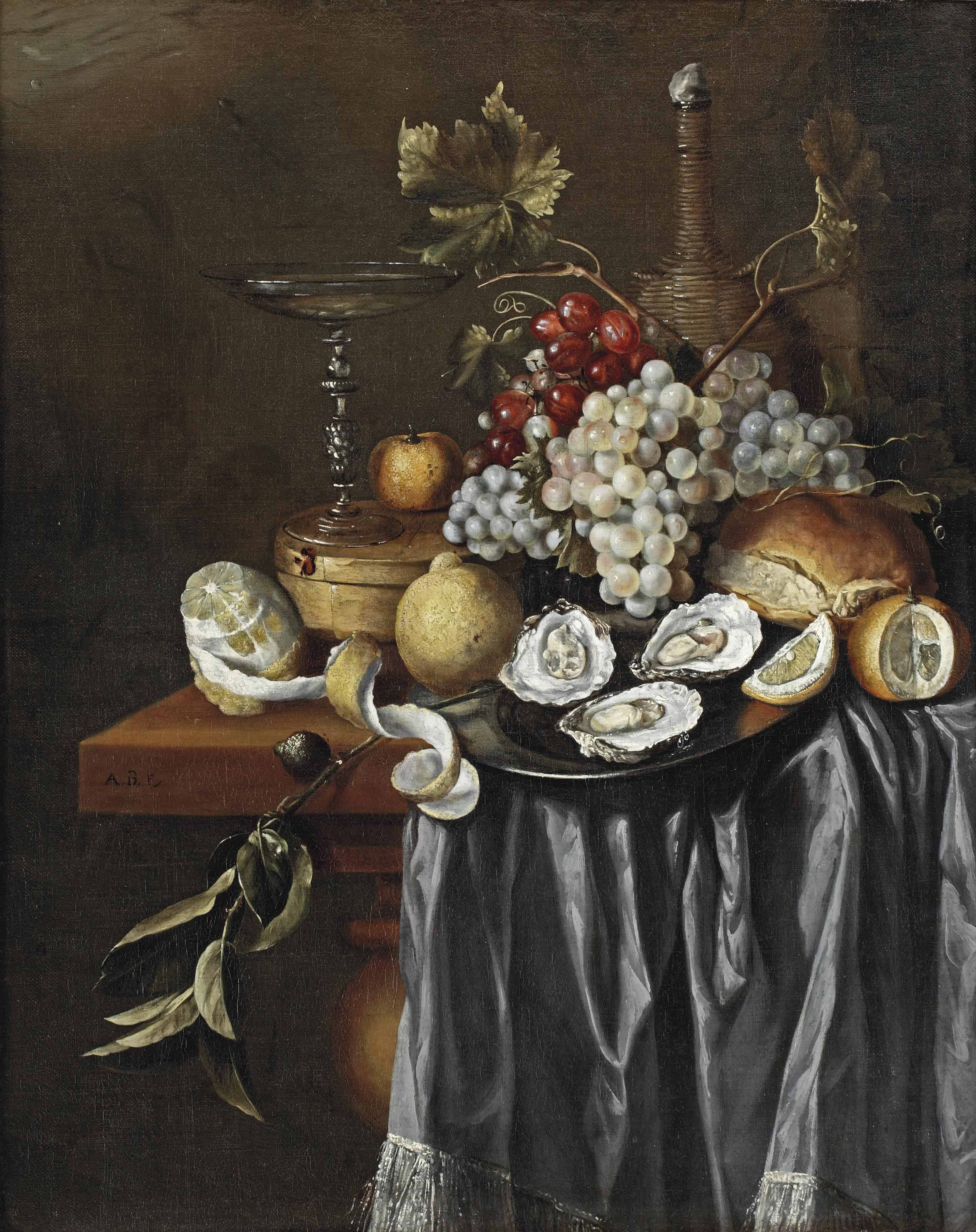 Jan Davidsz. de Heem — Очищенный лимон, венецианский бокал, клементин, голубой и белый виноград, лимоны, устрицы на оловянной тарелке и кувшин - все это на частично задрапированном столе