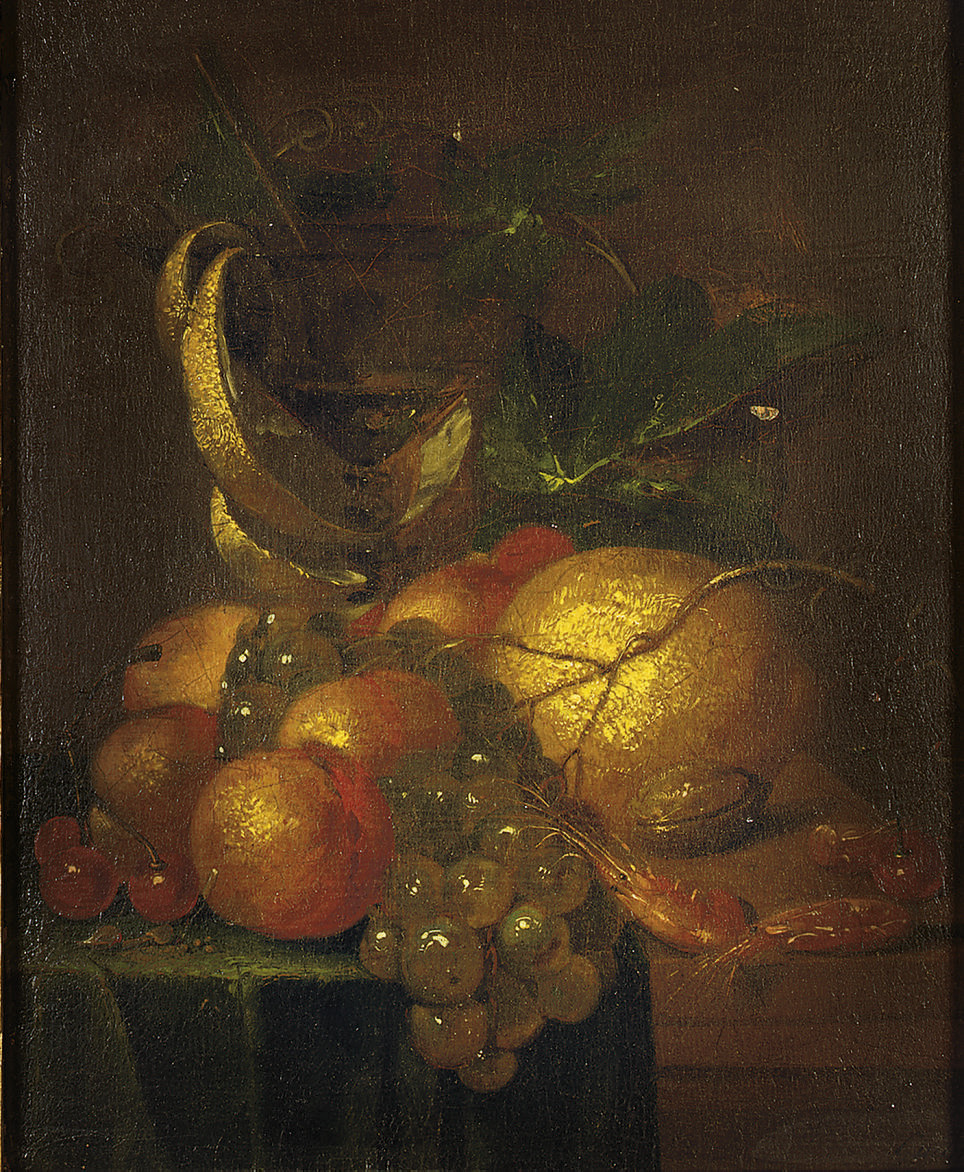 Jan Davidsz. de Heem — Фрукты, креветки и блюда в обрамлении