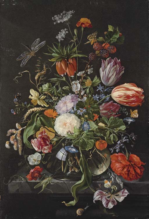 Jan Davidsz. de Heem — Тюльпаны, розы, гвоздики, ипомея, африканские ноготки, гиацинт, нарцисс, императорская корона и другие цветы с веточкой ивовых сережек, пшеничными листьями, петрушкой, остролистом и веточкой ежевики в стеклянной вазе на каменном выступе с ящерицей, кузнечиком, гусеницами, улитка и бабочки