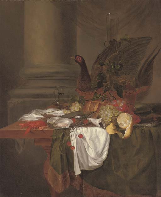 Jan Davidsz. de Heem — Пирог с фазаном, виноград, частично очищенный лимон, устрицы на оловянном блюде, вишни, креветки и лангустин на частично накрытом столе