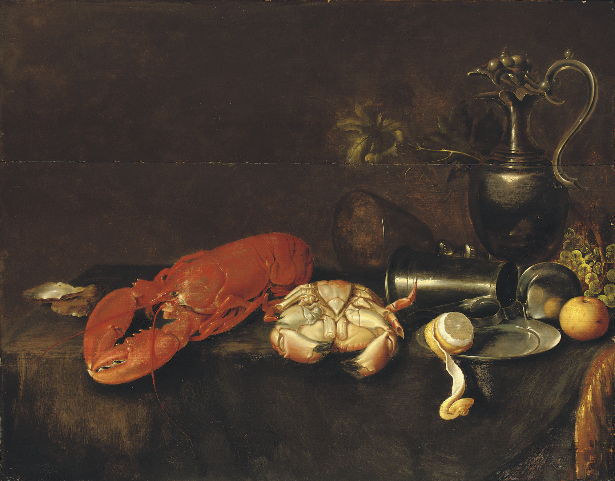 Jan Davidsz. de Heem — Омар, краб, устрица, оловянный кувшин, частично очищенный лимон, яблоко и виноград на накрытом столике