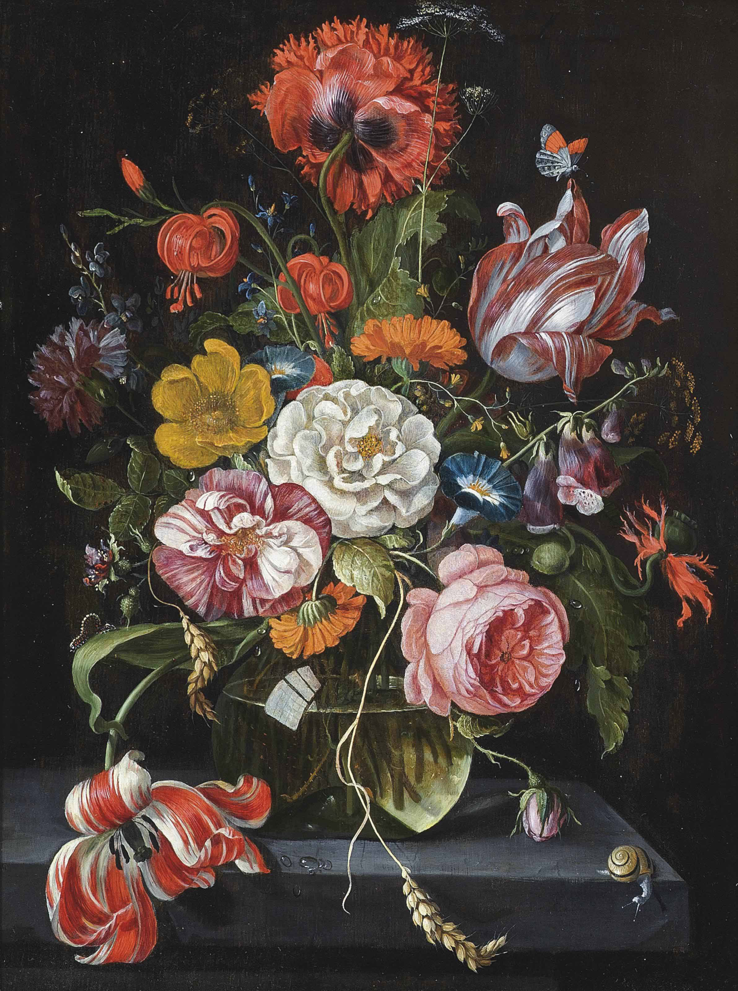 Jan Davidsz. de Heem — Роза, тюльпаны-попугаи, ипомея, наперстянка и другие цветы в стеклянной вазе на каменном выступе, с улиткой и бабочкой
