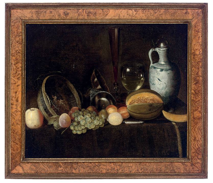 Jan Davidsz. de Heem — Перевернутая корзина, виноград, персики, дыня и другие фрукты, с ножом и посудой, на частично задрапированном столе