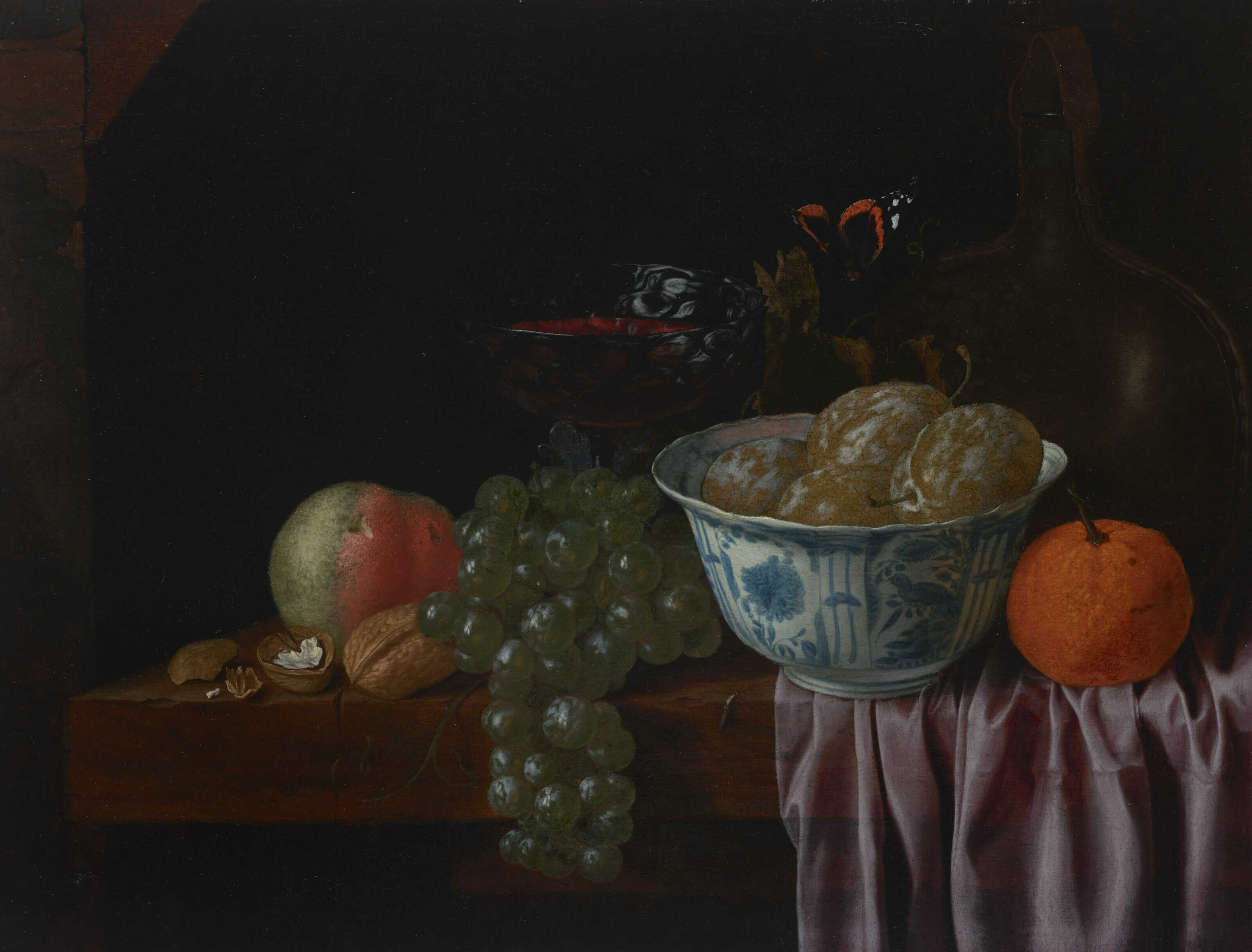 Jan Davidsz. de Heem — Ваза с фруктами с виноградом, орехами, сливами, апельсином и персиком на задрапированном столе