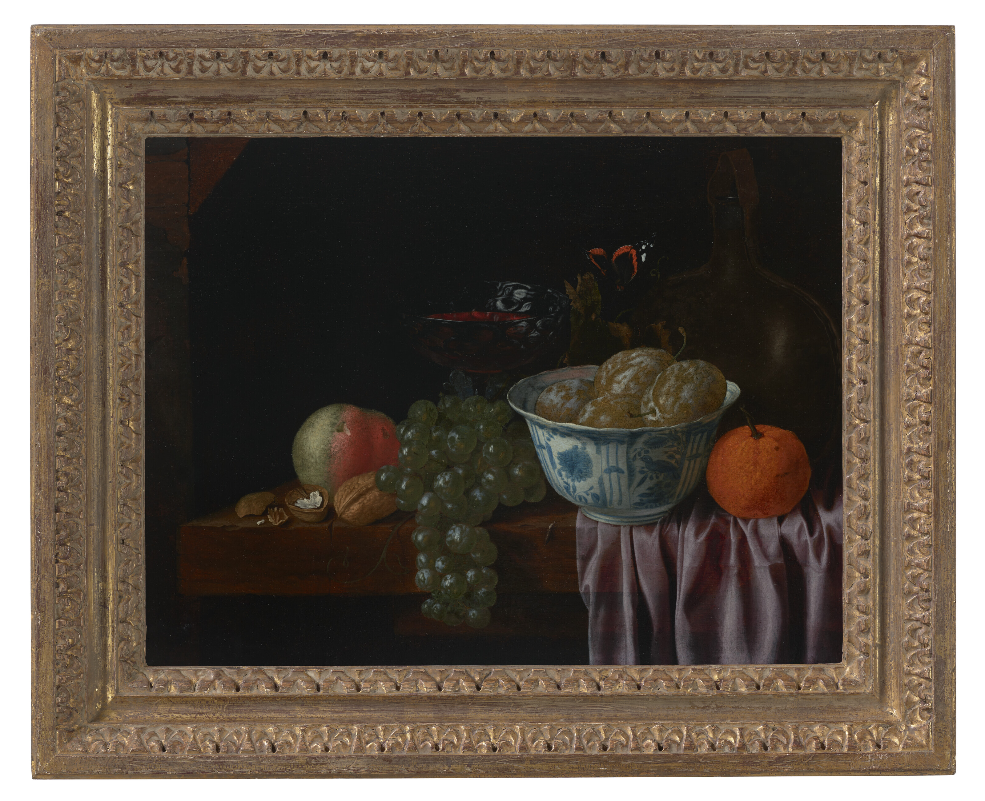 Jan Davidsz. de Heem — Ваза с фруктами с виноградом, орехами, сливами, апельсином и персиком на задрапированном столе, изображение 2
