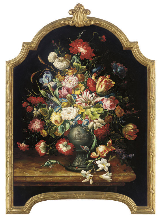 Jan Davidsz. de Heem — Розы, тюльпаны-попугаи и гвоздики в вазе на мраморном выступе; ирисы, ипомея и бабочки в вазе на мраморном выступе