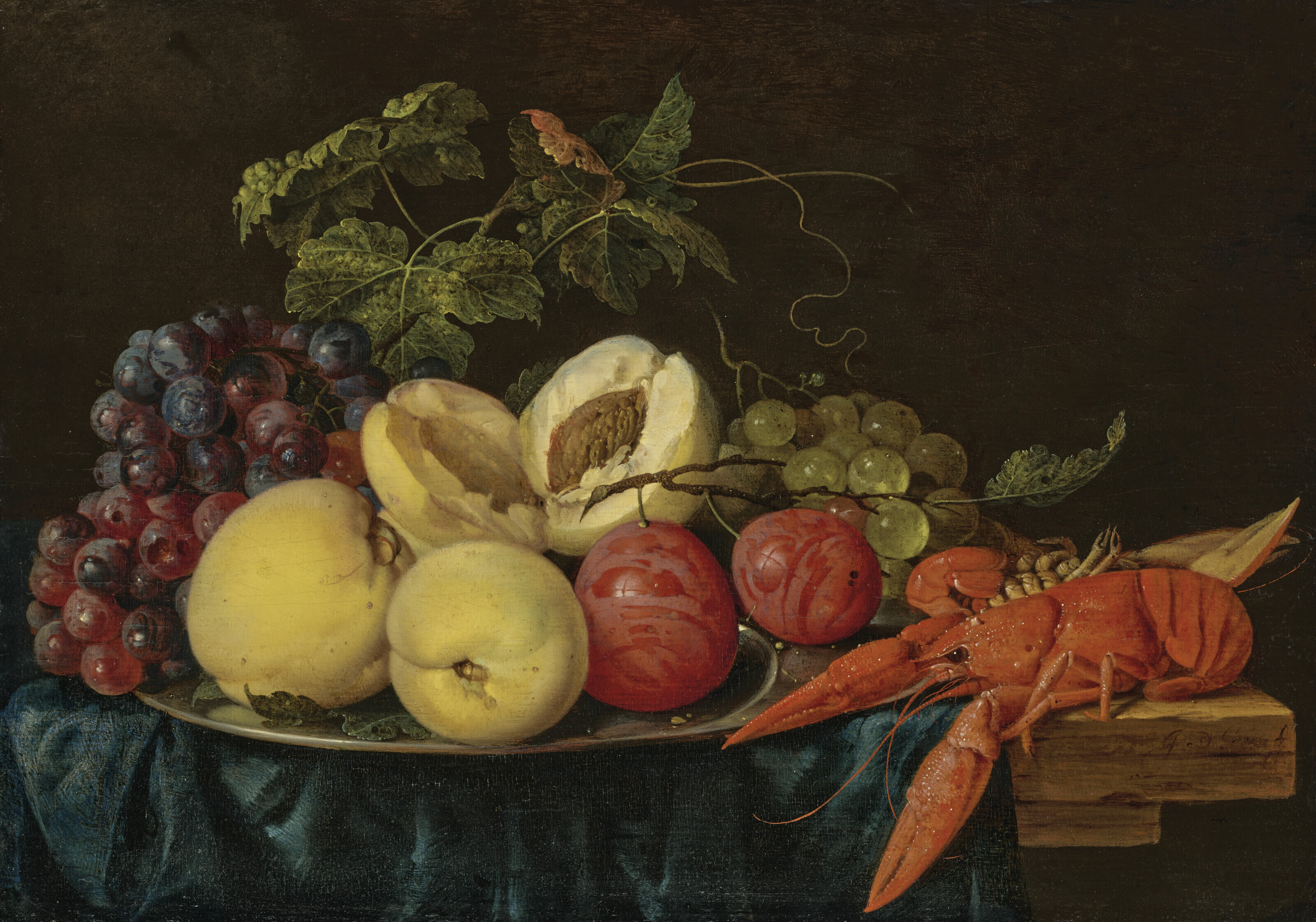 Jan Davidsz. de Heem — Фрукты на серебряном блюде с омарами на частично задрапированном столе