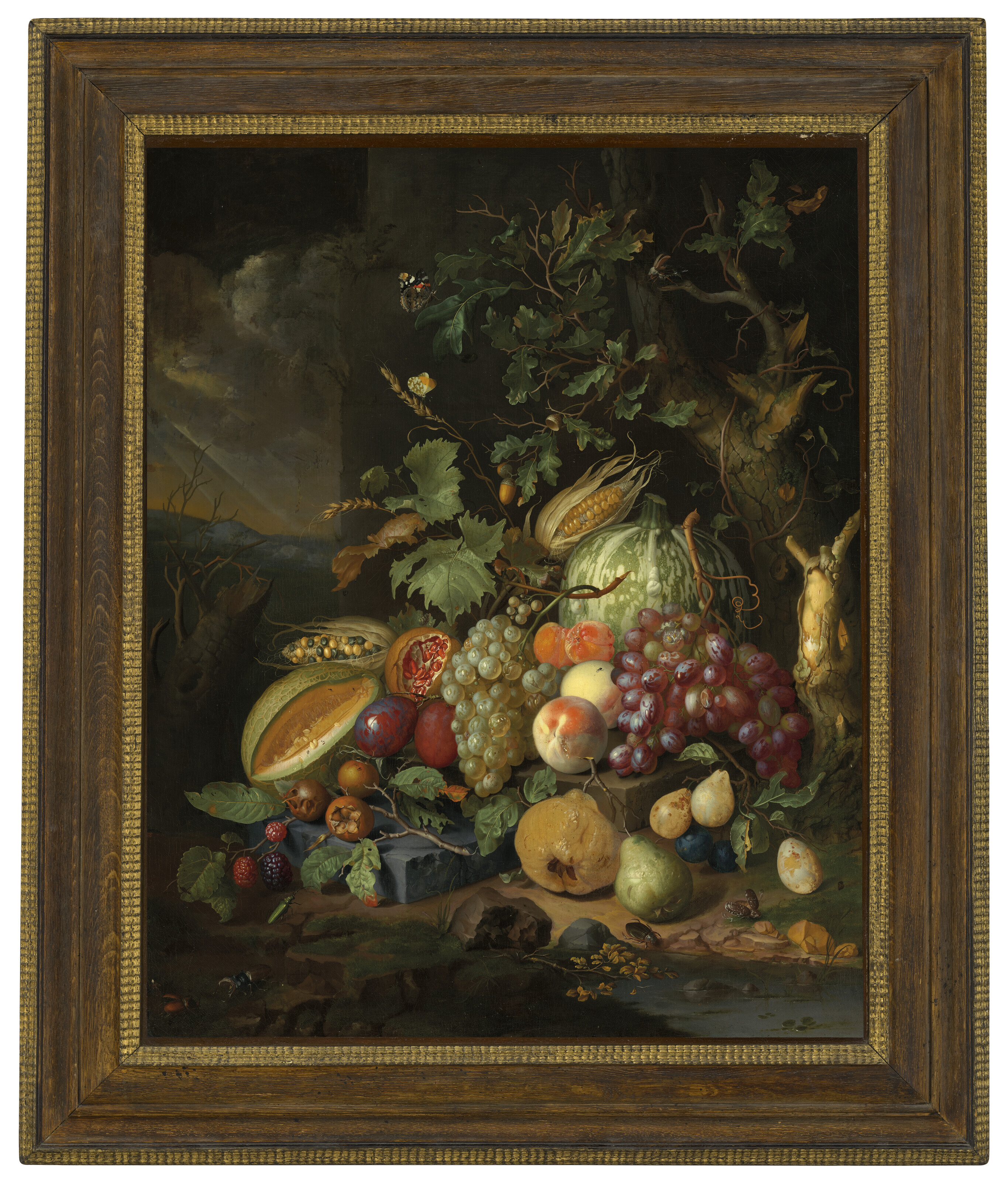 Jan Davidsz. de Heem — Дыни, персики, виноград, сливы и другие фрукты и овощи с насекомыми на лесной подстилке, изображение 2