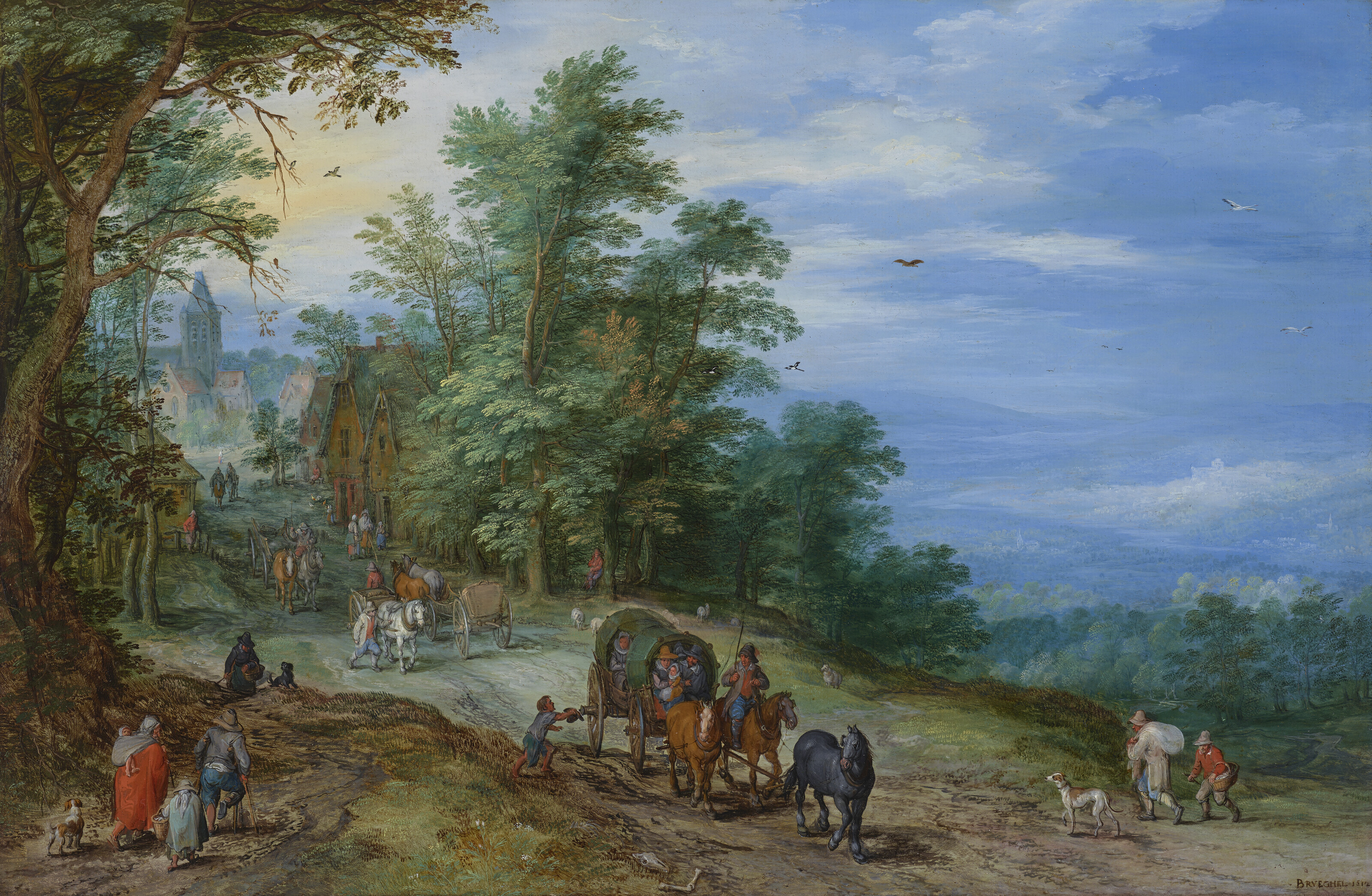 Jan I Brueghel — Летний пейзаж с тентованными тележками