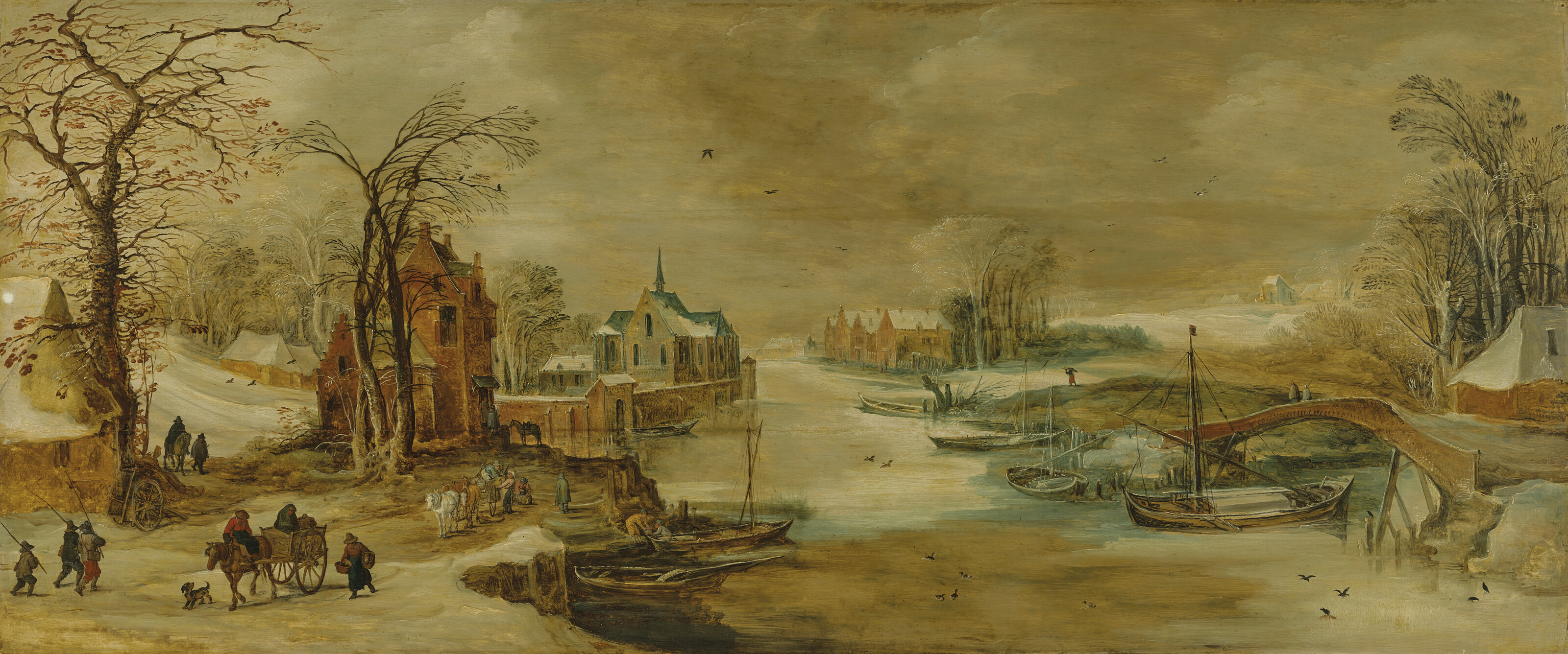 Jan I Brueghel — Зимний речной пейзаж с путешественниками на тропинке