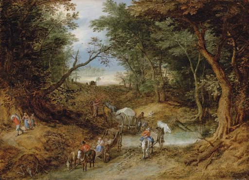Jan I Brueghel — Лесистый пейзаж с путешественниками на тропинке