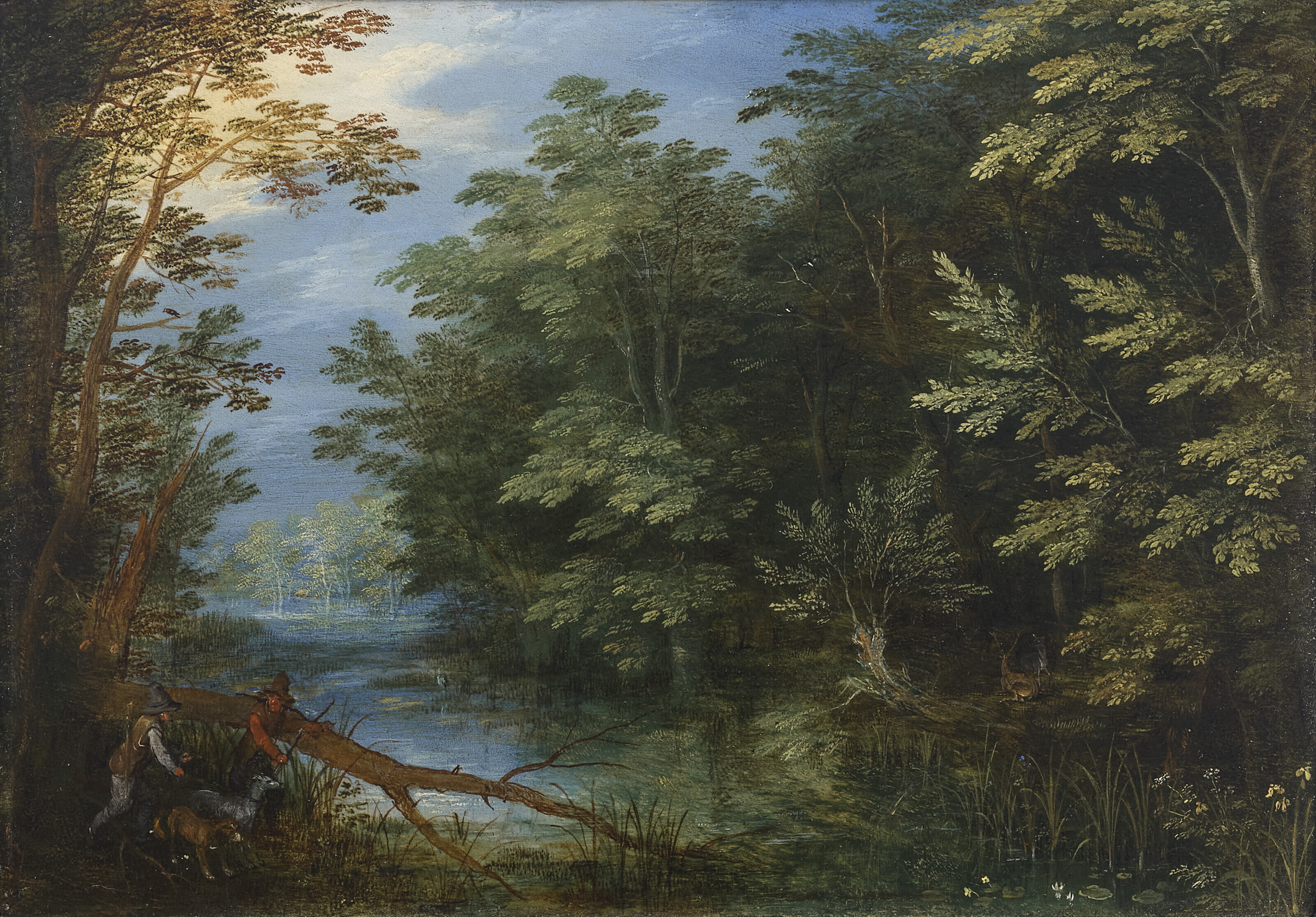 Jan I Brueghel — Лесистый речной пейзаж с охотниками