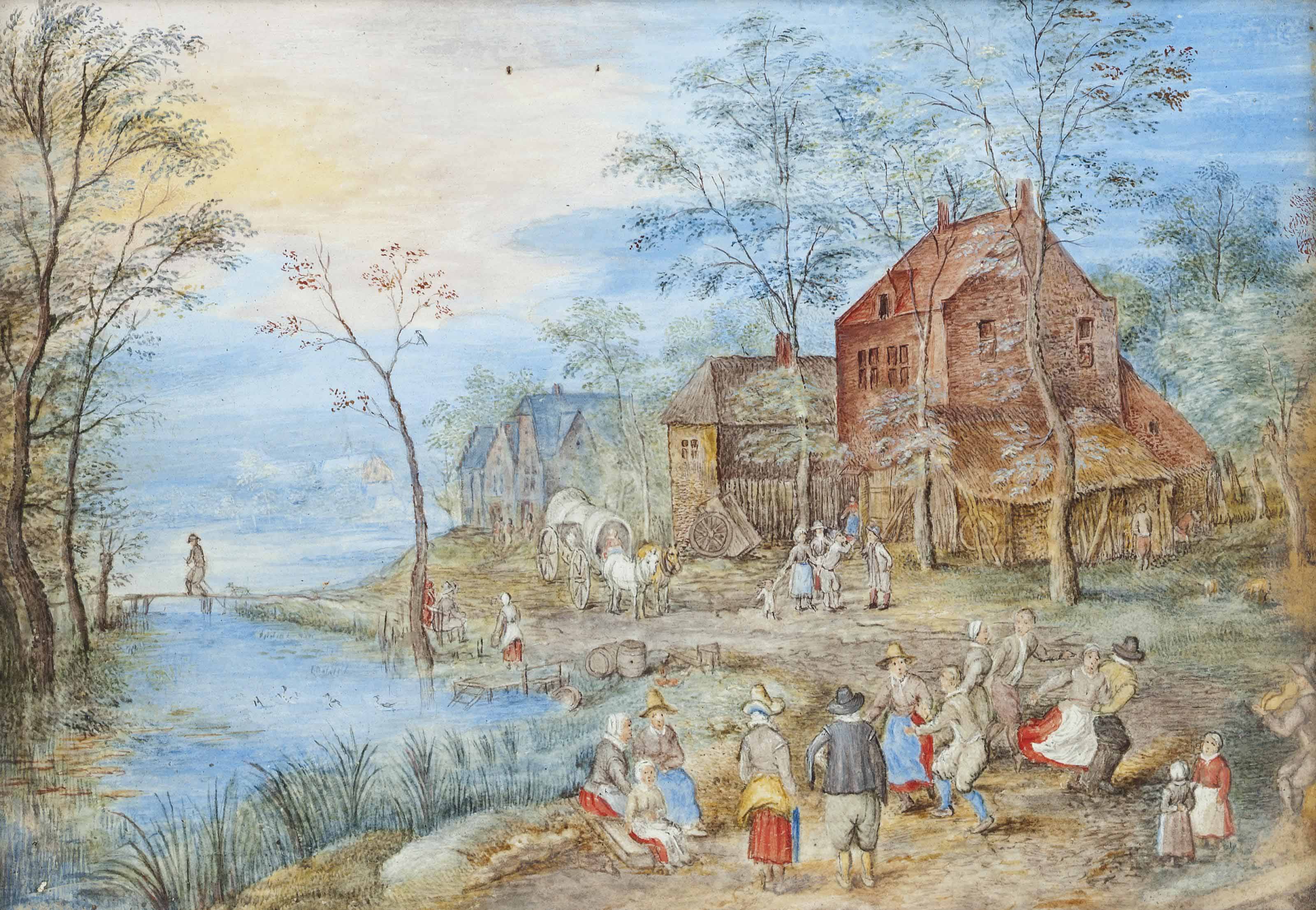 Jan I Brueghel — Прибрежная деревня с танцующими крестьянами