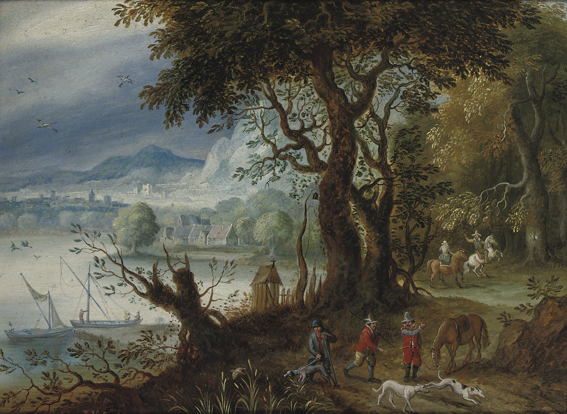 Jan I Brueghel — Лесистый речной пейзаж с охотничьим отрядом на тропе, судоходством и деревнями за ним.