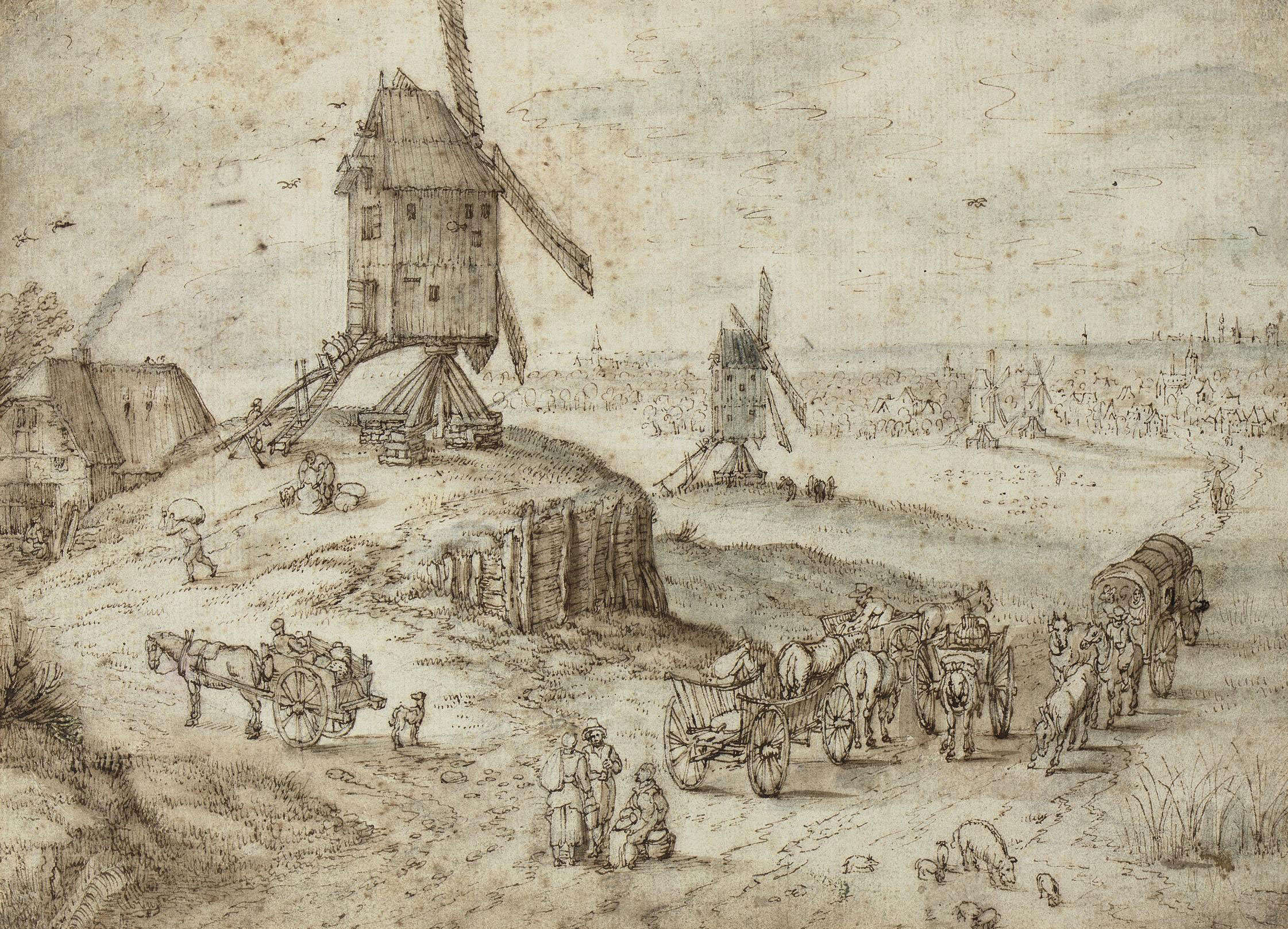 Jan I Brueghel — Пейзаж с ветряными мельницами, путешественниками и повозками на переднем плане и городом за ним.