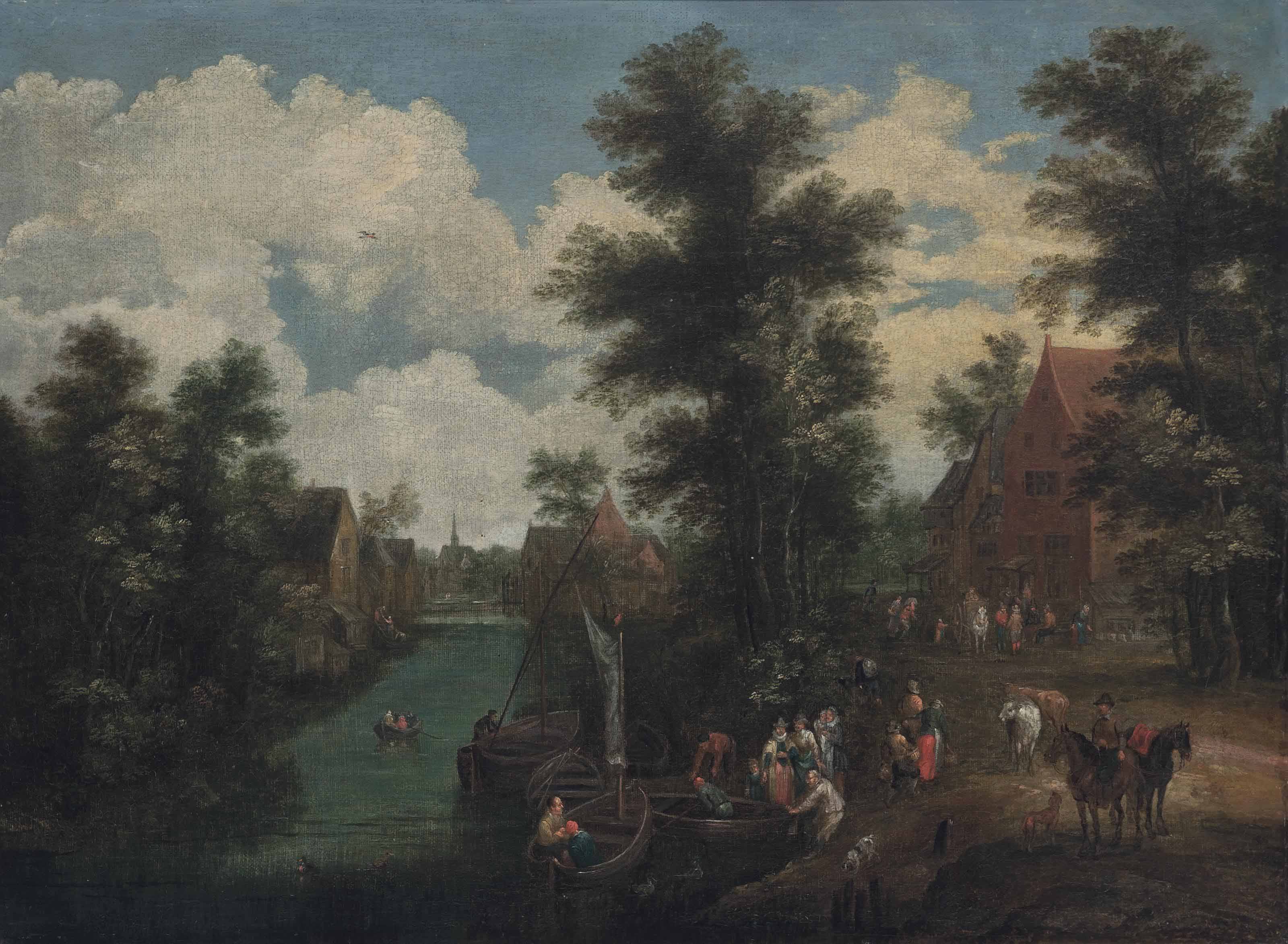 Jan I Brueghel — Речной пейзаж с фигурами на берегу, деревня за ним.