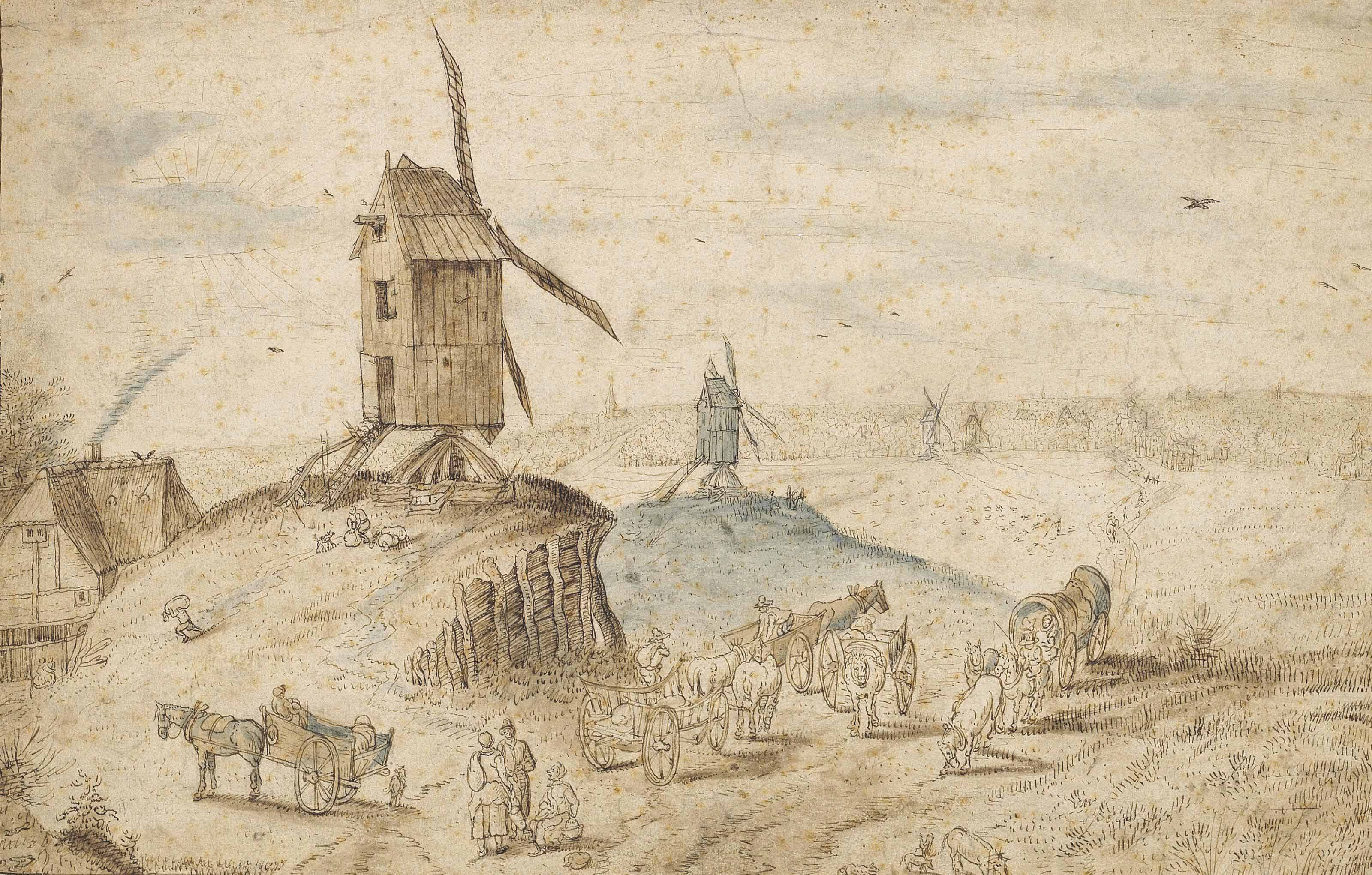 Jan I Brueghel — Пейзаж с ветряными мельницами, путешественниками и повозками на переднем плане и городом за ним.