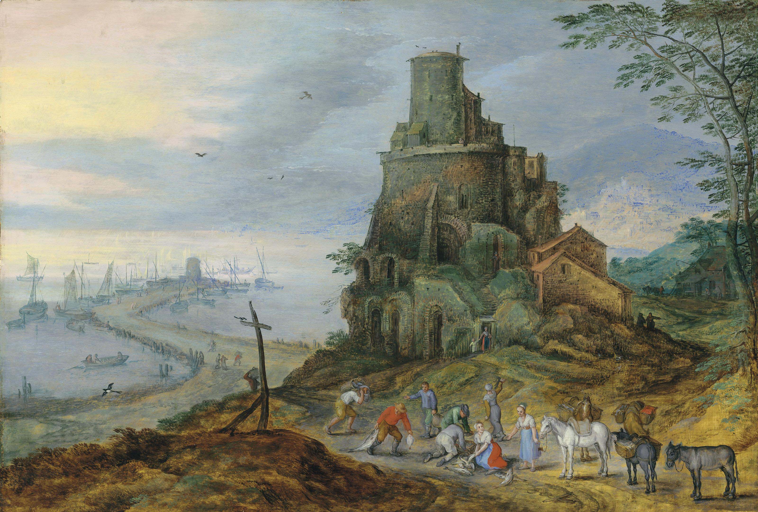 Jan I Brueghel — Прибрежный пейзаж с рыбаками, собирающими улов у могилы Сципиона