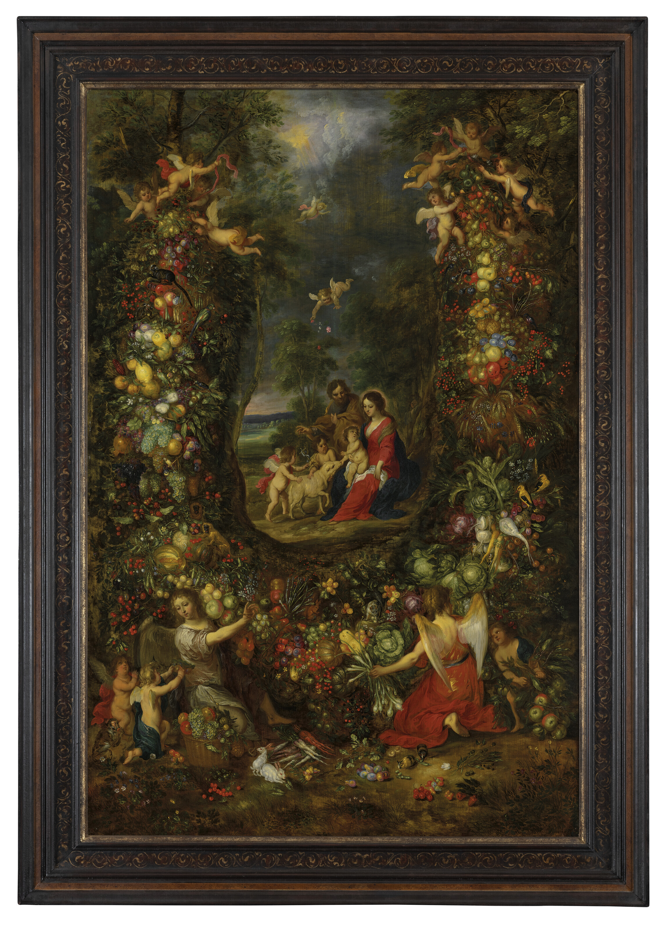 Jan I Brueghel — Святое семейство, окруженное гирляндой из фруктов, которую поддерживают путти, изображение 2