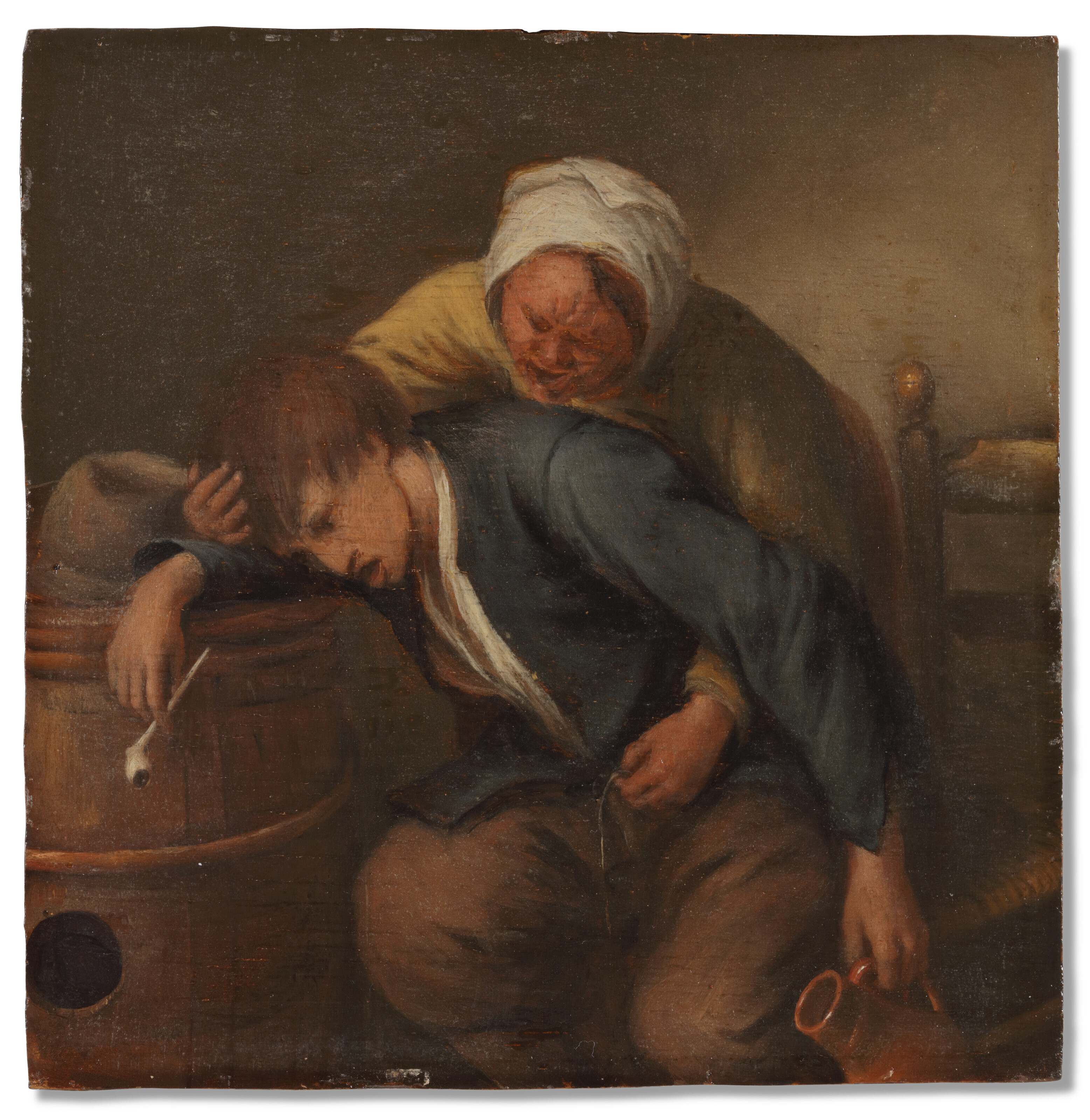 Jan Steen — Пьяный молодой человек опирается на бочку, а пожилая дама крадет у него кошелек