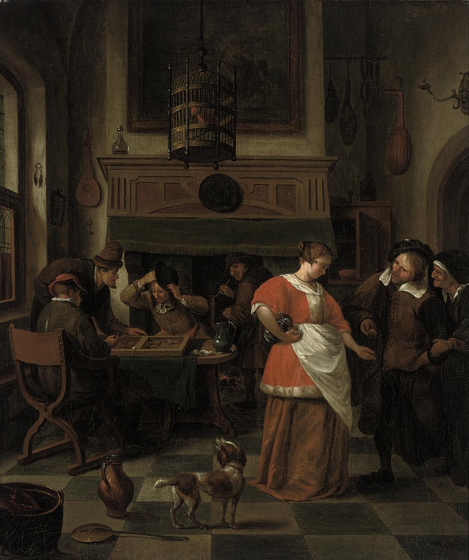 Jan Steen — Интерьер таверны с фигурками играющих в игру и собакой