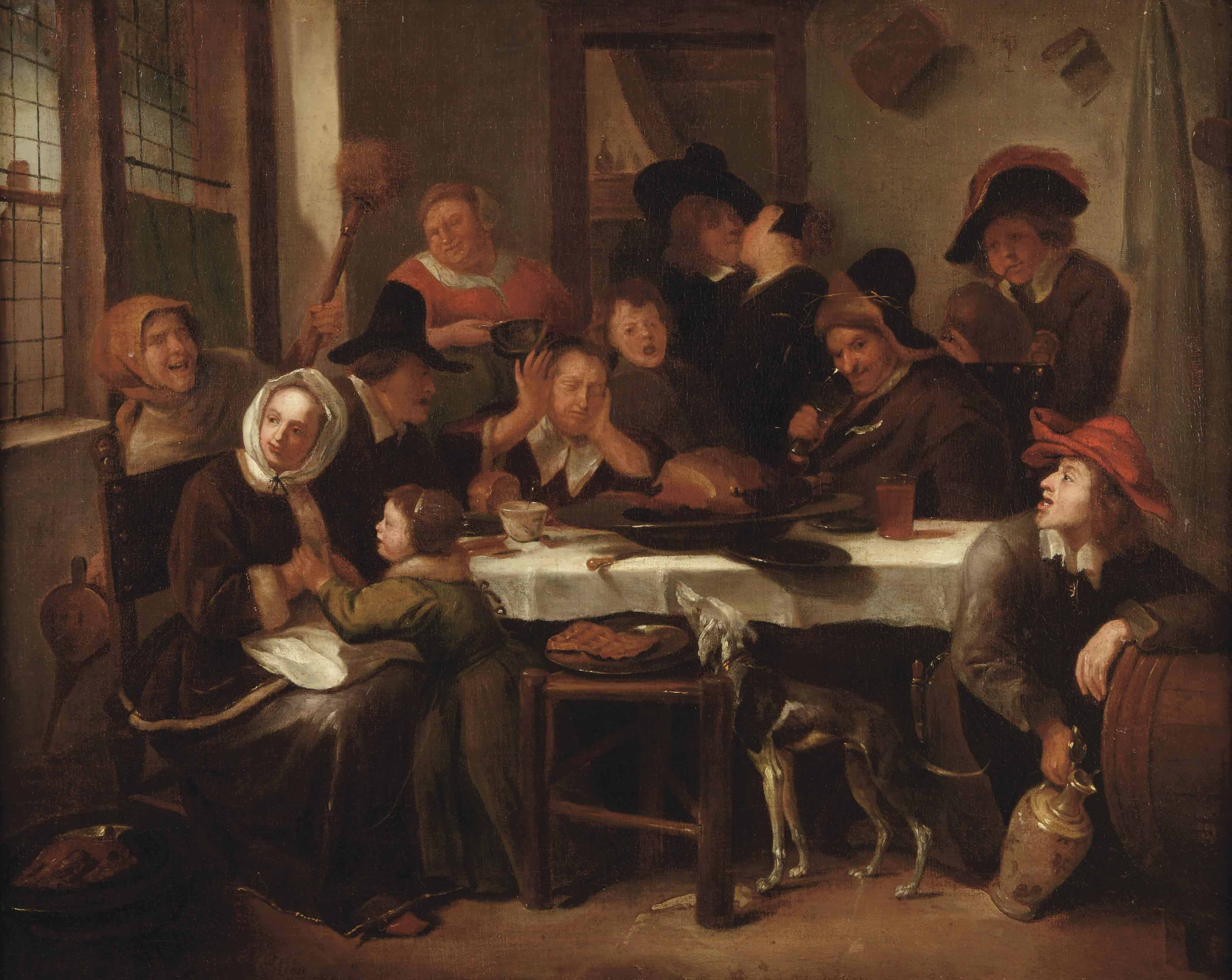 Jan Steen — Веселая компания, которая ест и пьет в уютном интерьере