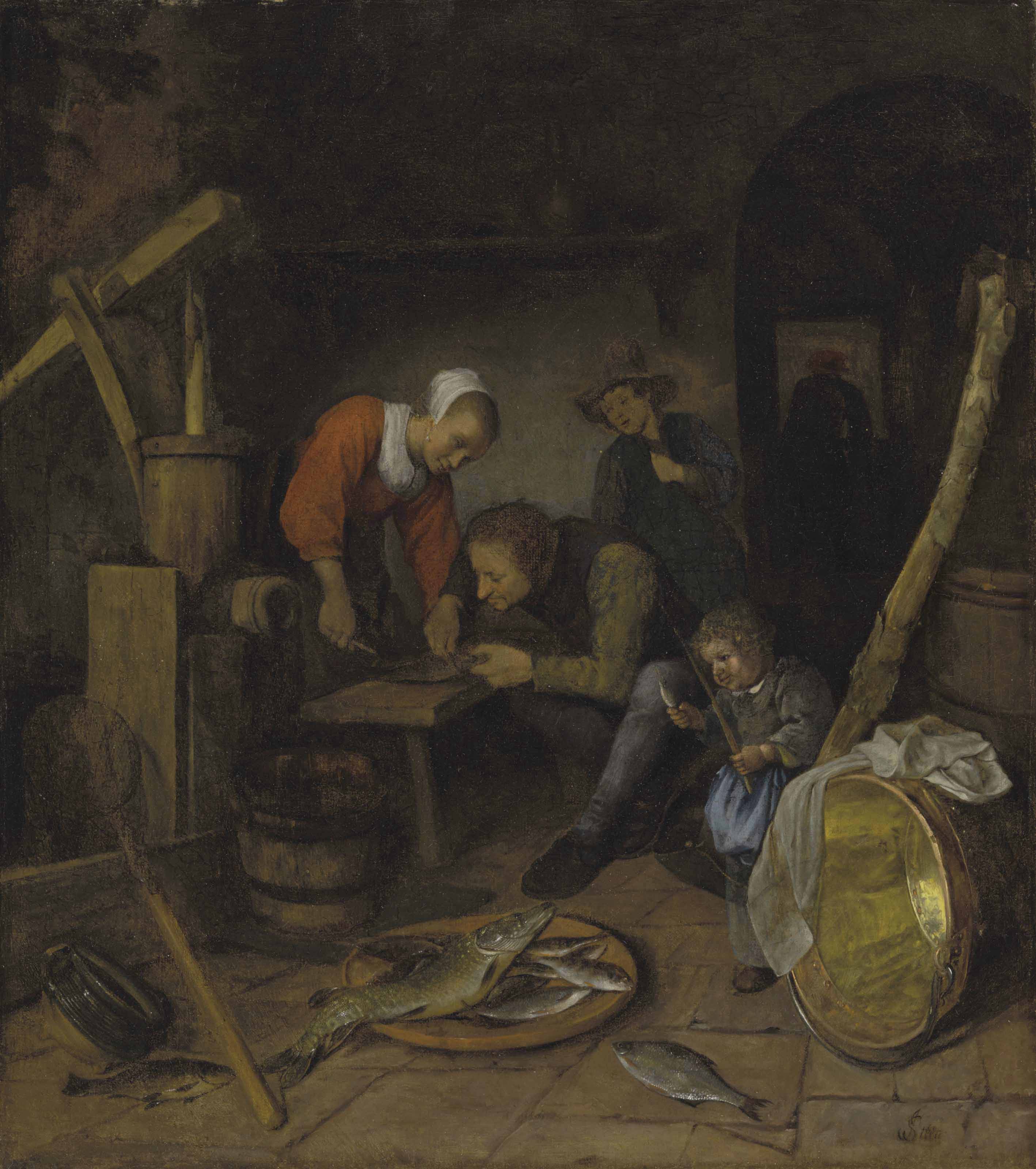 Jan Steen — Интерьер с фигурами, готовящими рыбу
