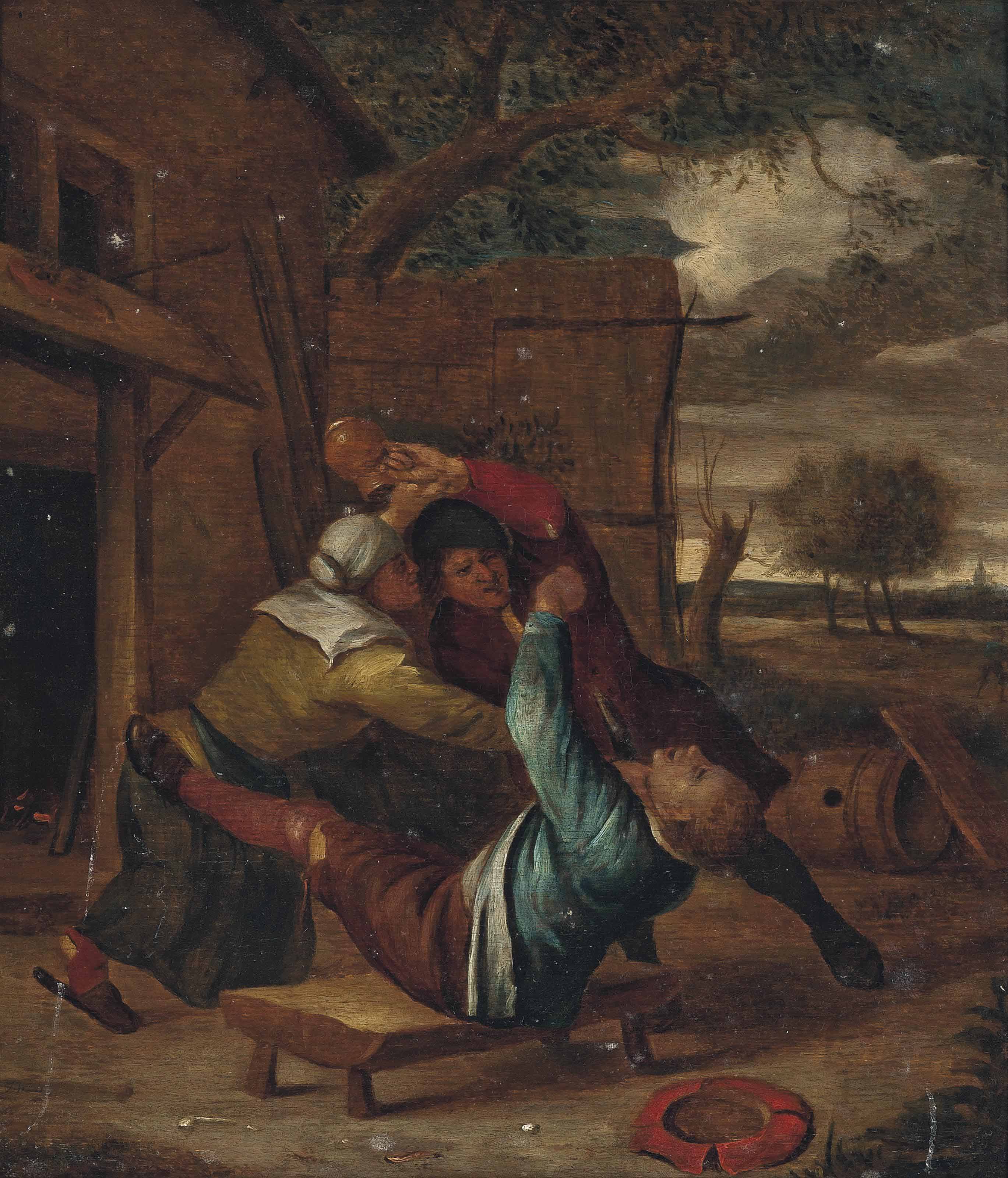 Jan Steen — Крестьяне, дерущиеся у входа в гостиницу