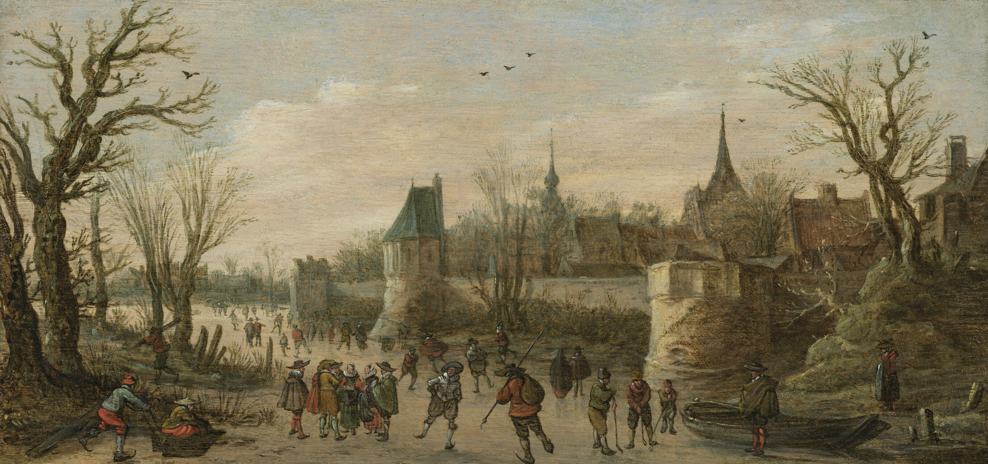 Jan van Goyen — Зимний пейзаж с горожанами, катающимися на коньках перед укрепленным городом, изображение 1