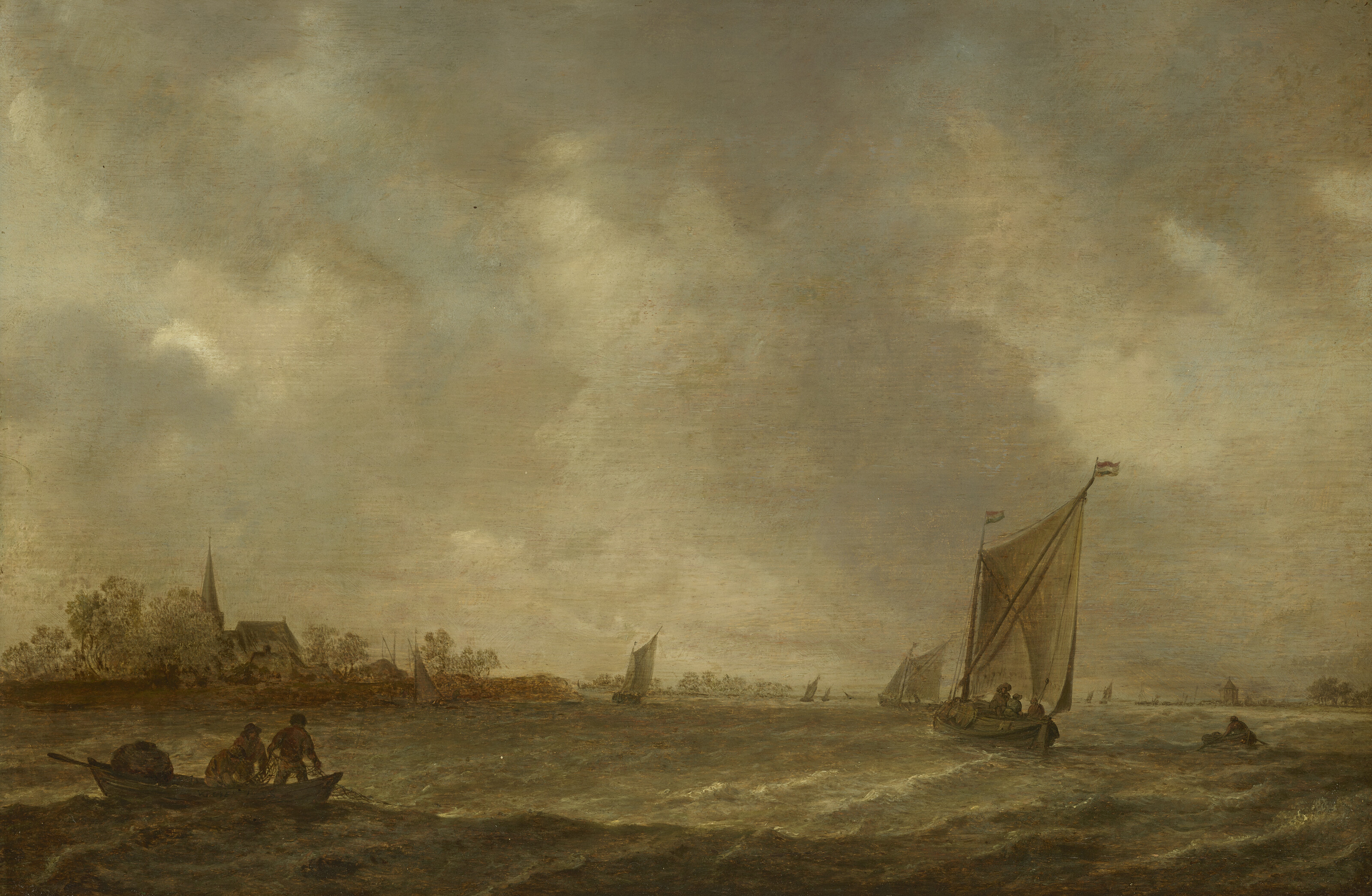 Jan van Goyen — Устье реки с рыбаками и судоходством, а слева - церковь, изображение 1